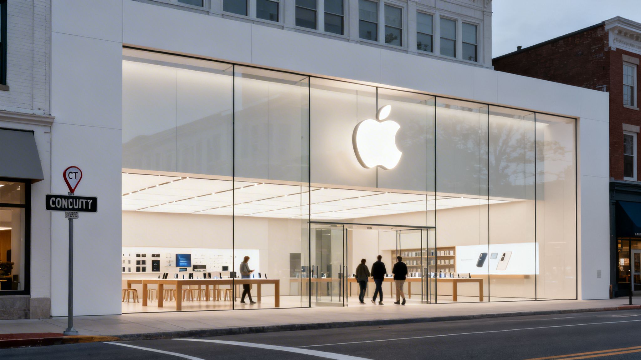 A brightly lit Apple Store with a large glass facade, glowing logo, and people walking inside at dusk.