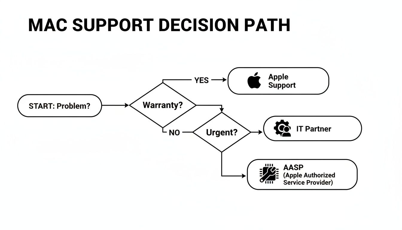 A flowchart detailing the Mac support decision path based on warranty status and urgency of the problem.