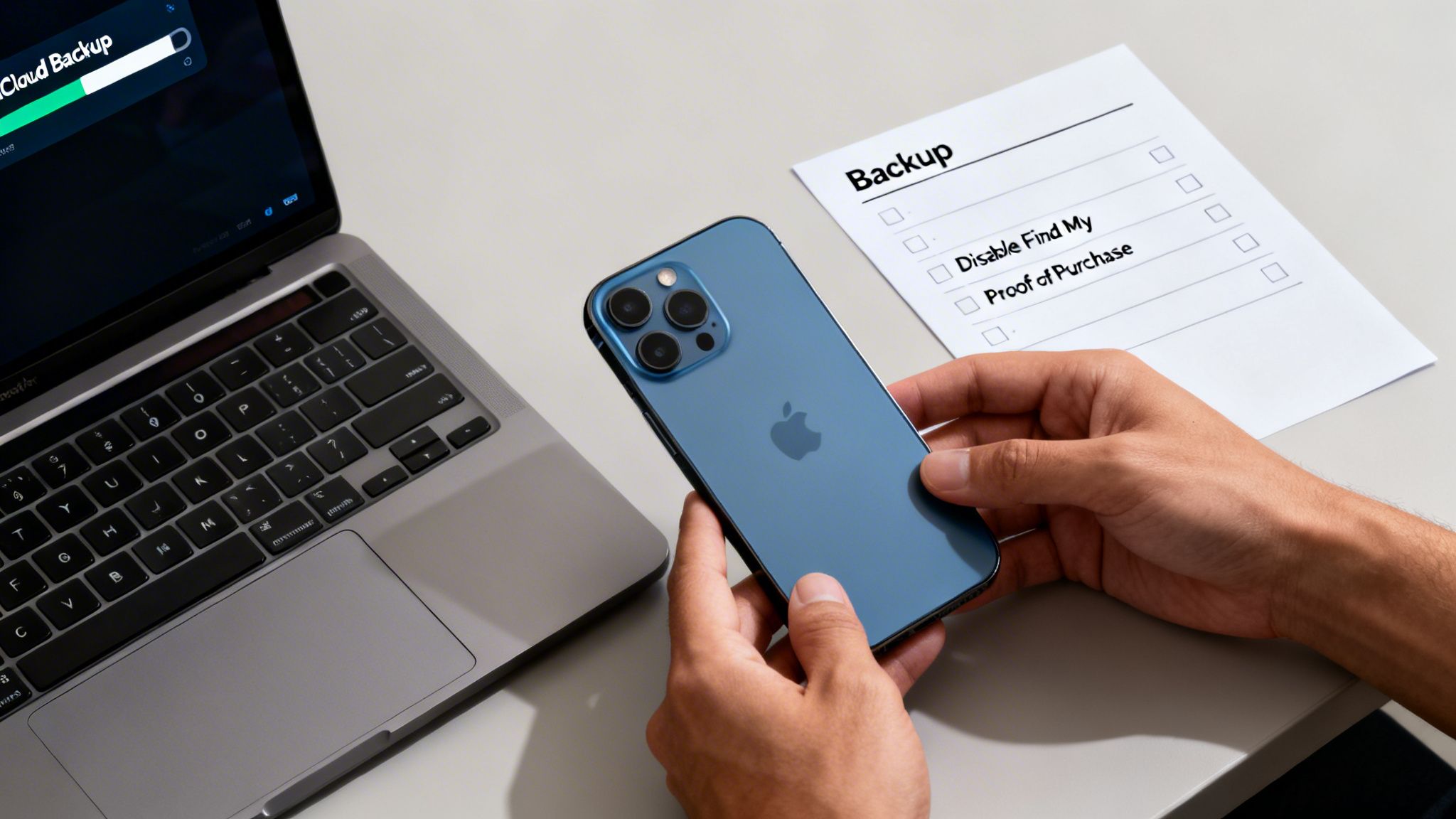 A person holds an iPhone next to a laptop showing a cloud backup screen and a backup checklist.