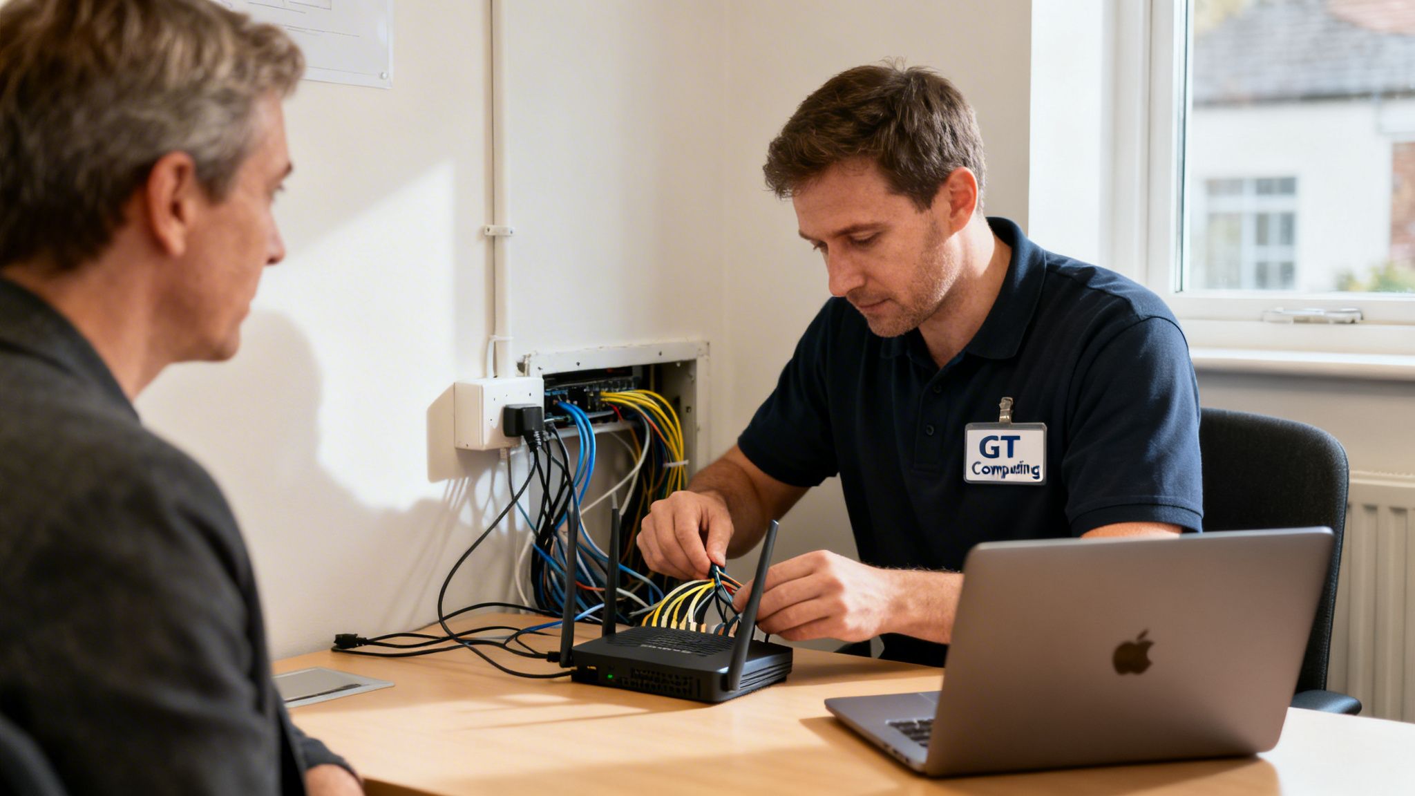 A GT Computing technician connects colorful ethernet cables to a network router on a desk with a laptop, assisting a client.