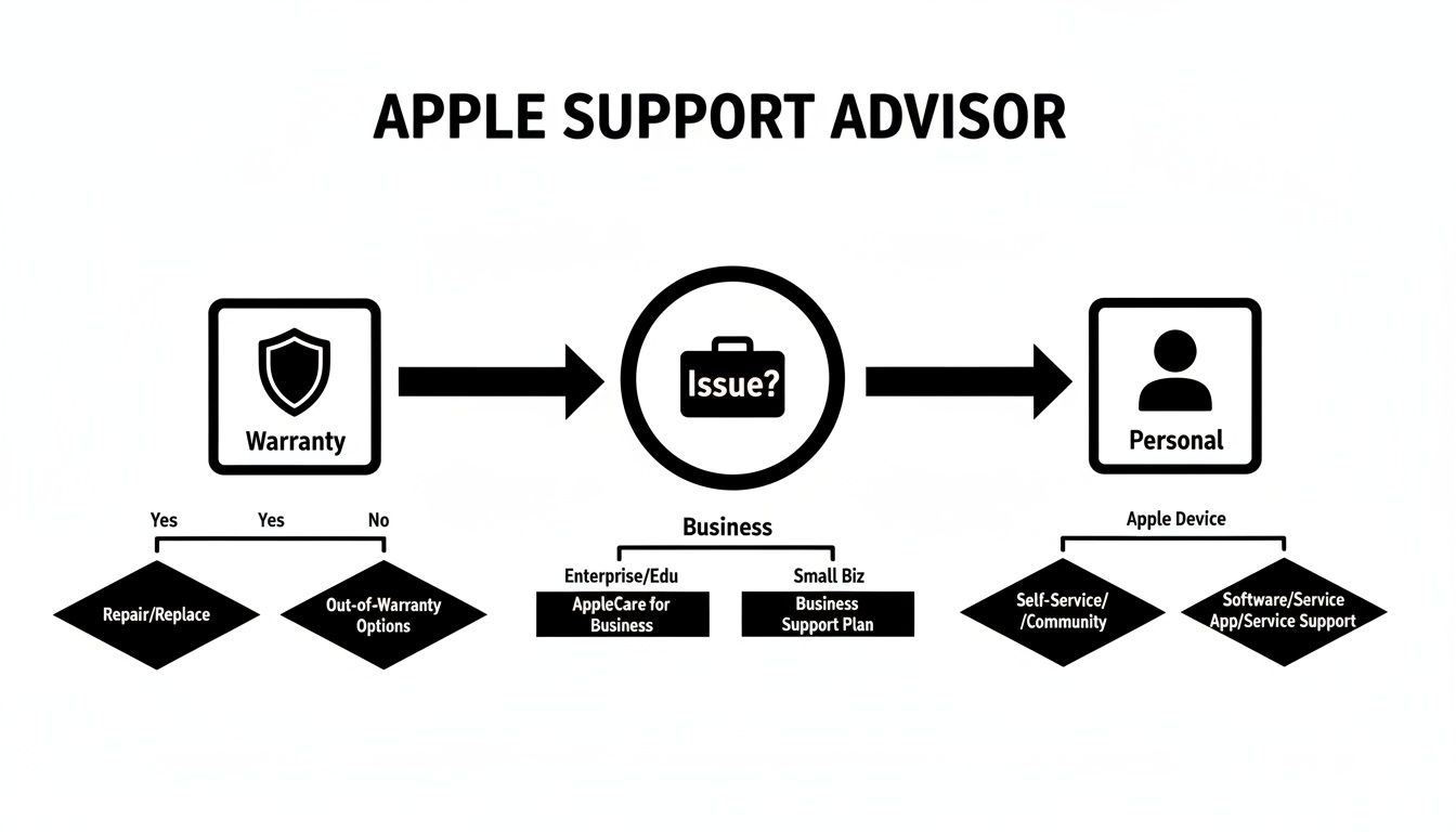 A detailed flowchart diagram for Apple Support Advisor, guiding users through warranty, business, and personal support options.