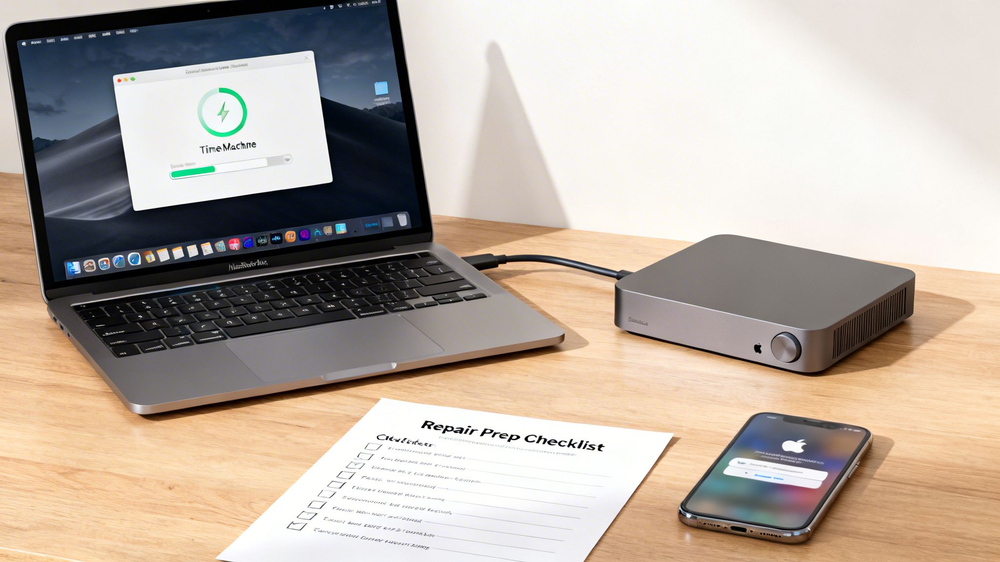 A MacBook backing up data to an external drive with Time Machine, an iPhone, and a repair checklist.