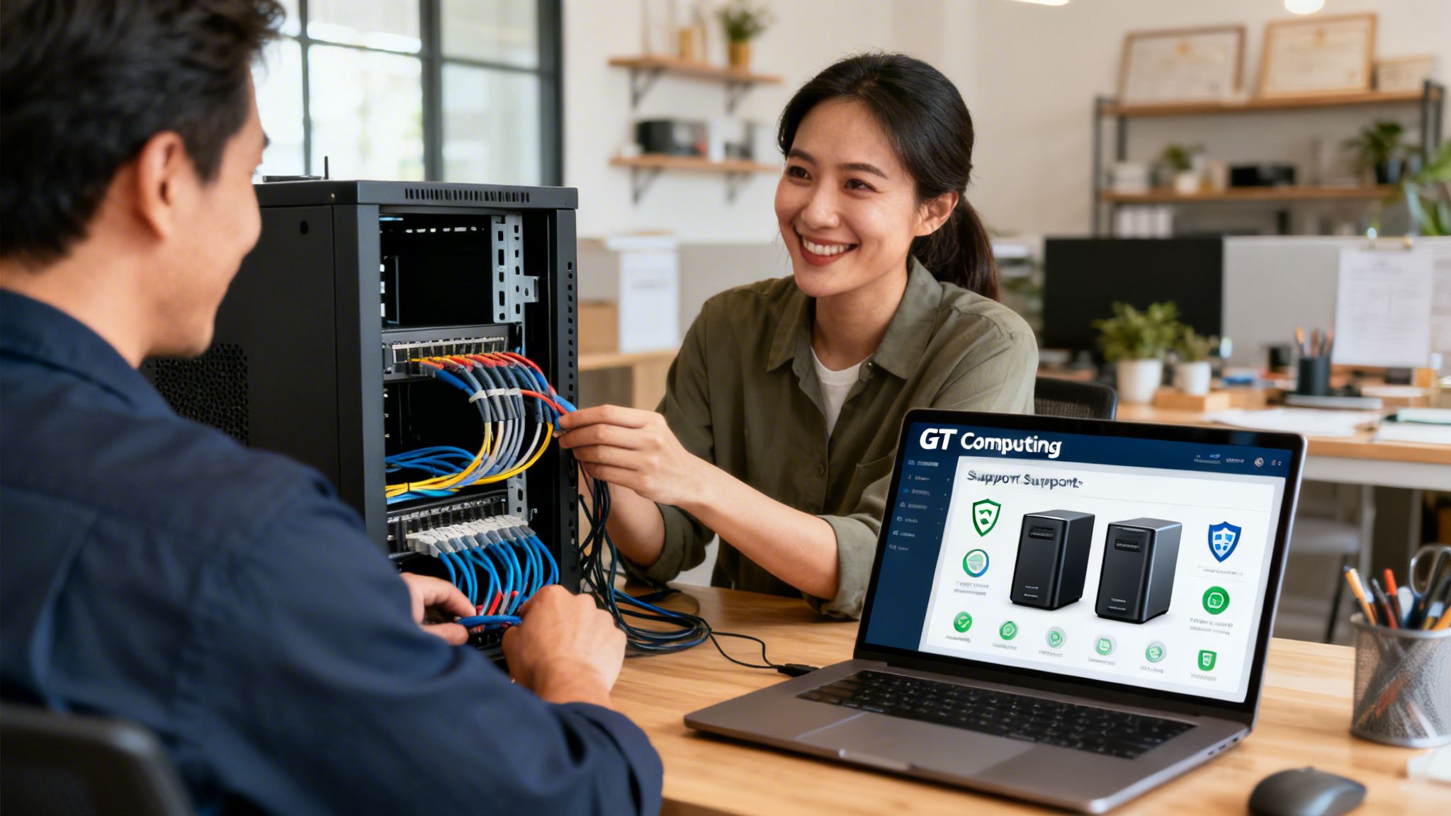 Two smiling IT technicians connect colorful network cables to a server rack in an office.