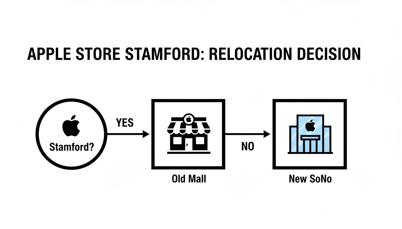 Flowchart detailing the Apple Store Stamford relocation decision from Old Mall to New SoNo.
