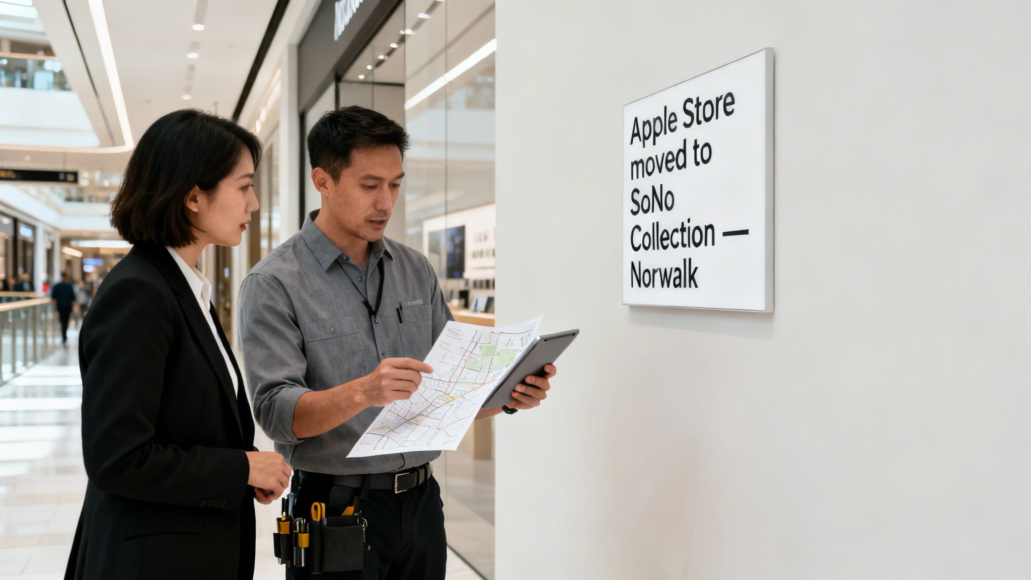 Mall employees consult a map and tablet near a sign about the Apple Store's move to SoNo Collection.