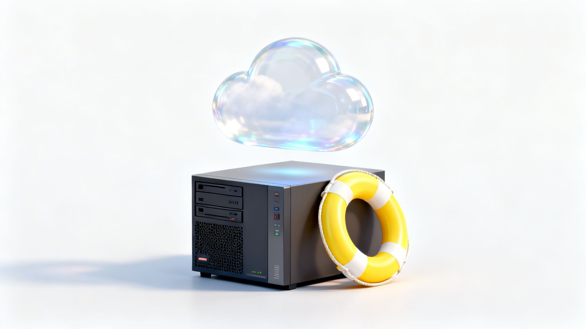 A computer server with a floating bubble cloud and a lifebuoy, symbolizing cloud backup and IT support.