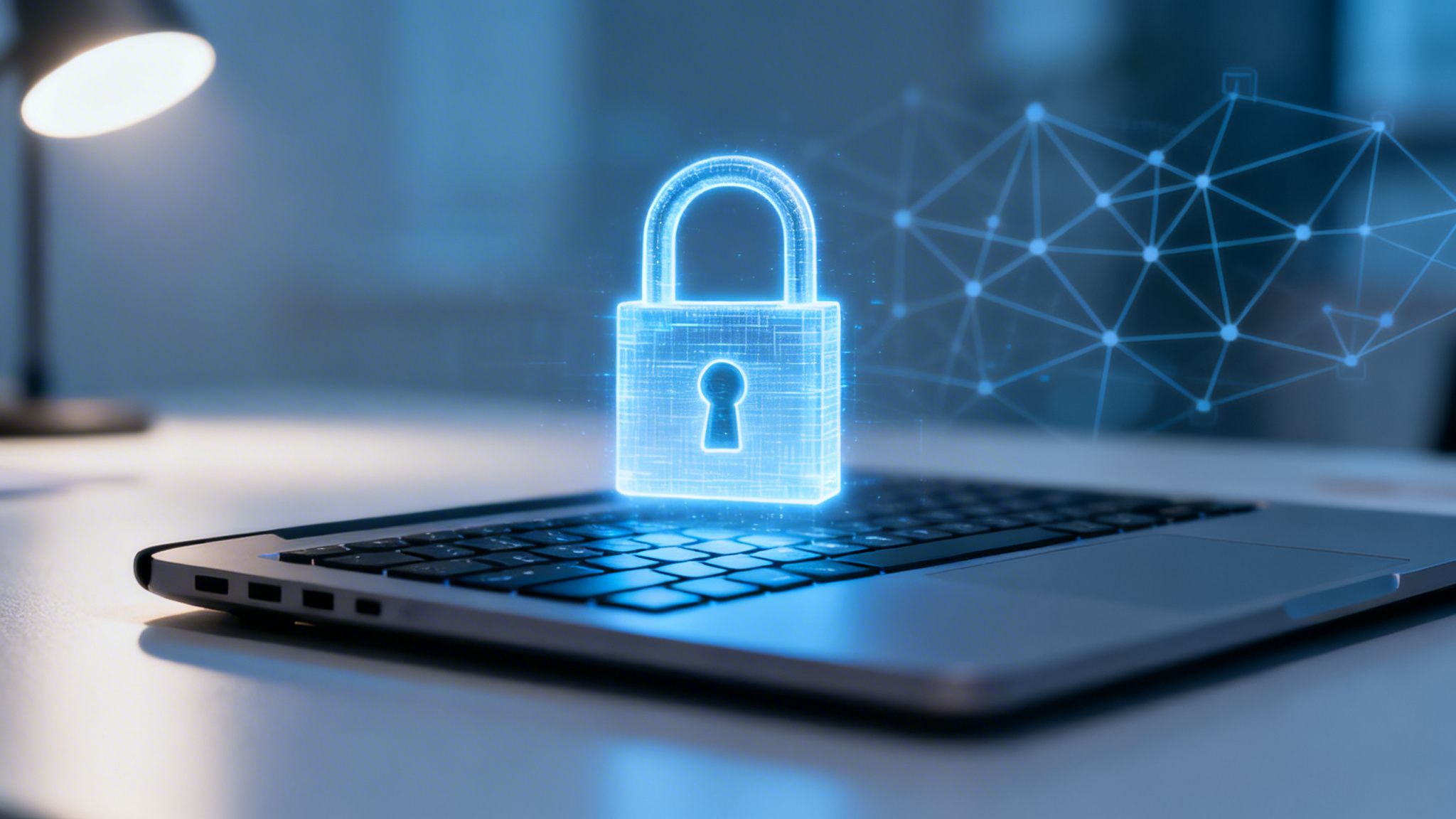 A glowing blue digital padlock icon hovers above a laptop keyboard, symbolizing online security.