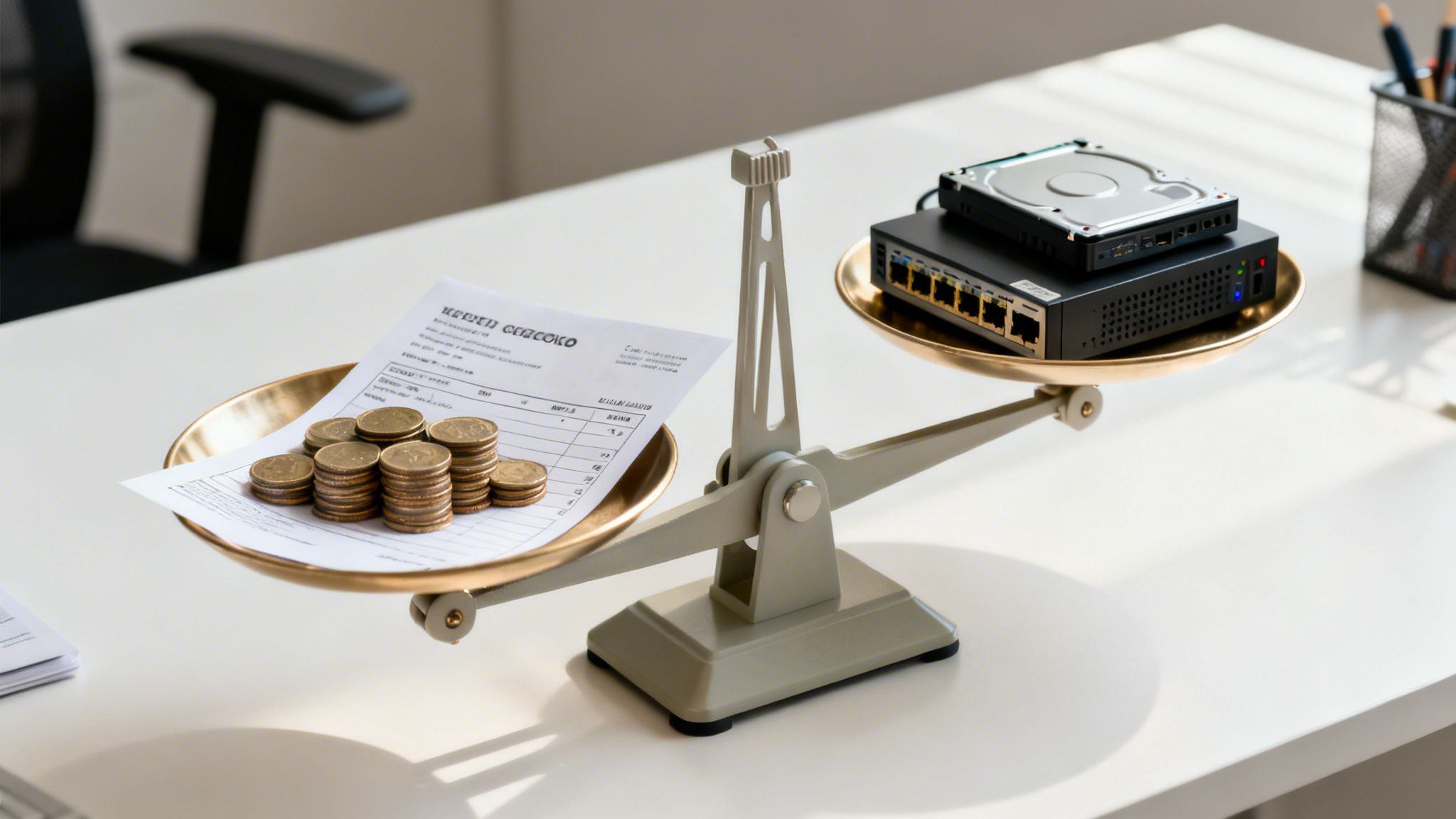 A balance scale weighs money and a bill against computer hardware on a white desk, representing IT costs.