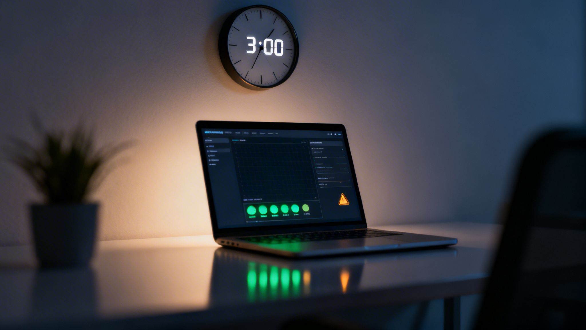 Laptop on a desk displaying an IT monitoring dashboard with a warning, a clock shows 3:00.