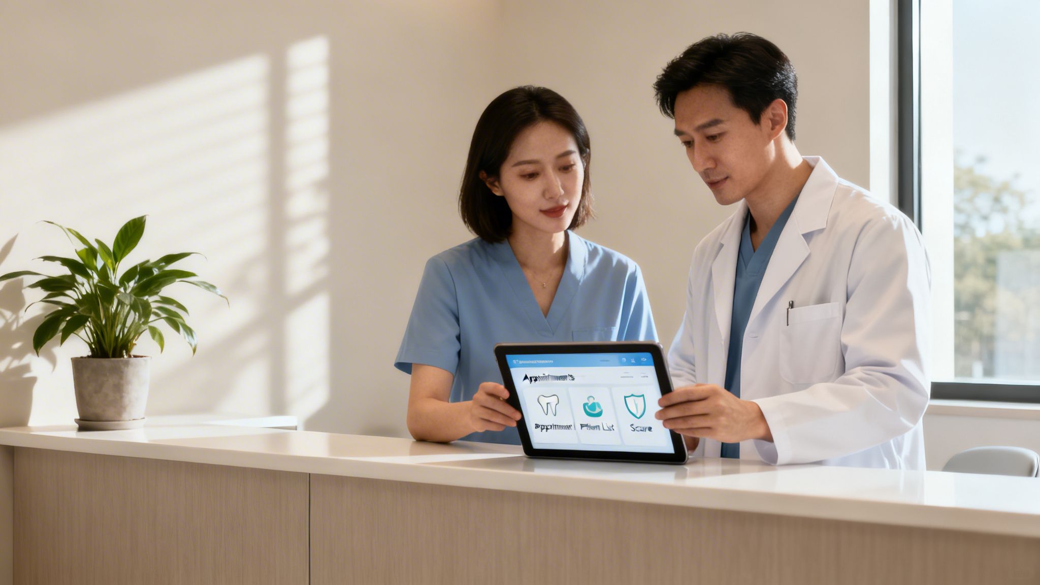 Asian doctor and nurse use a tablet for dental practice management in a clinic.