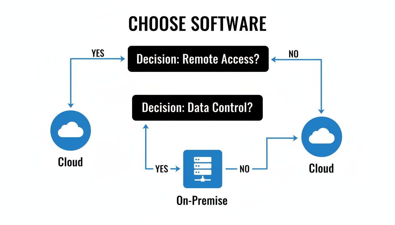 A flowchart guiding software selection, contrasting Cloud and On-Premise options based on remote access and data control.