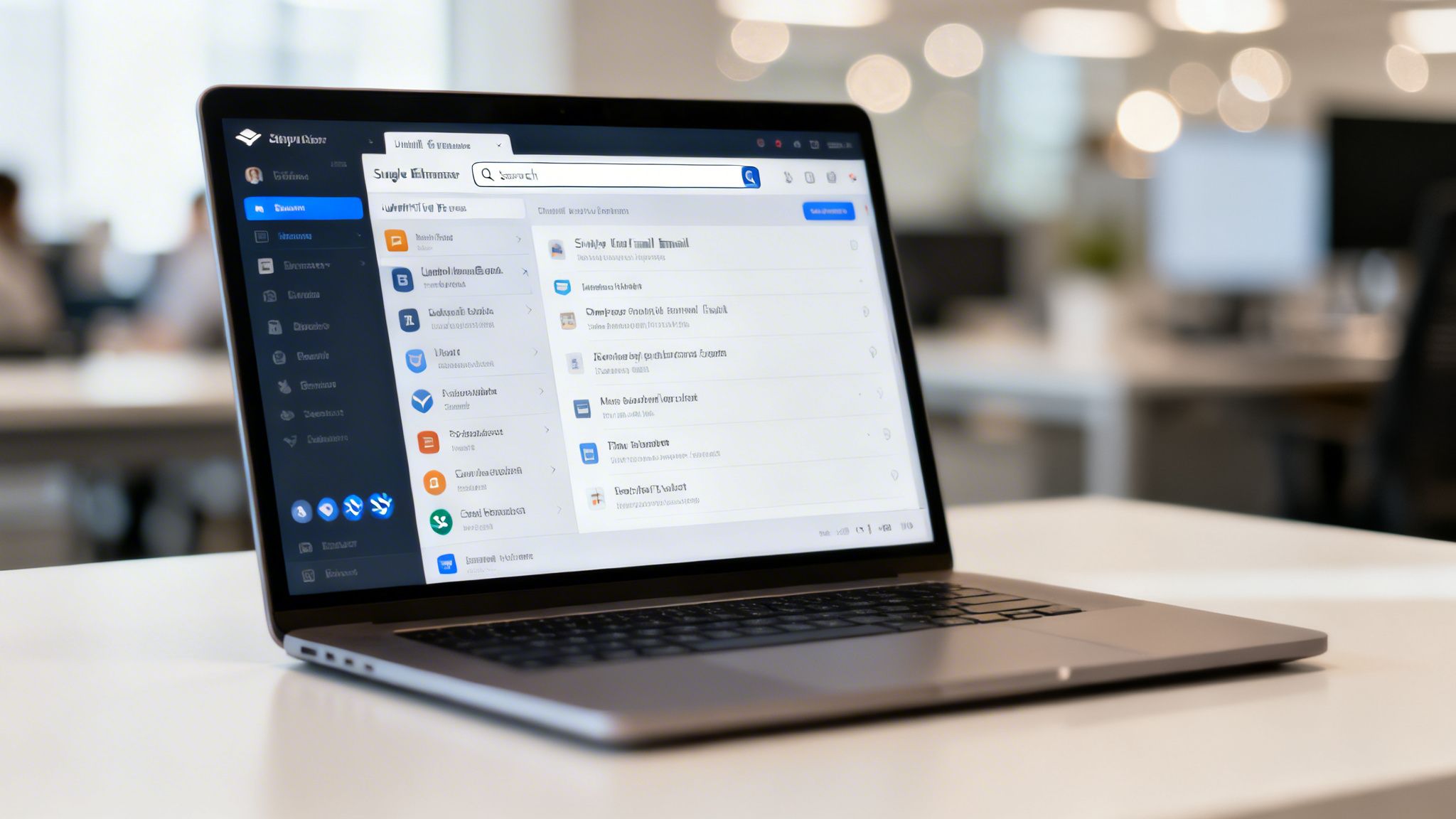 A silver laptop displays an email management application with a search bar on an office desk.