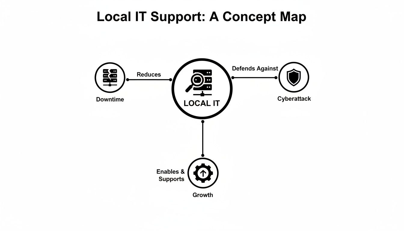 Concept map illustrating how local IT support reduces downtime, defends against cyberattacks, and enables business growth.