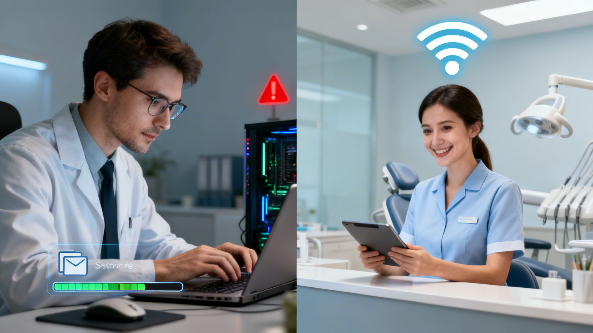 A doctor handles a computer security alert, while a nurse happily uses a tablet with Wi-Fi.