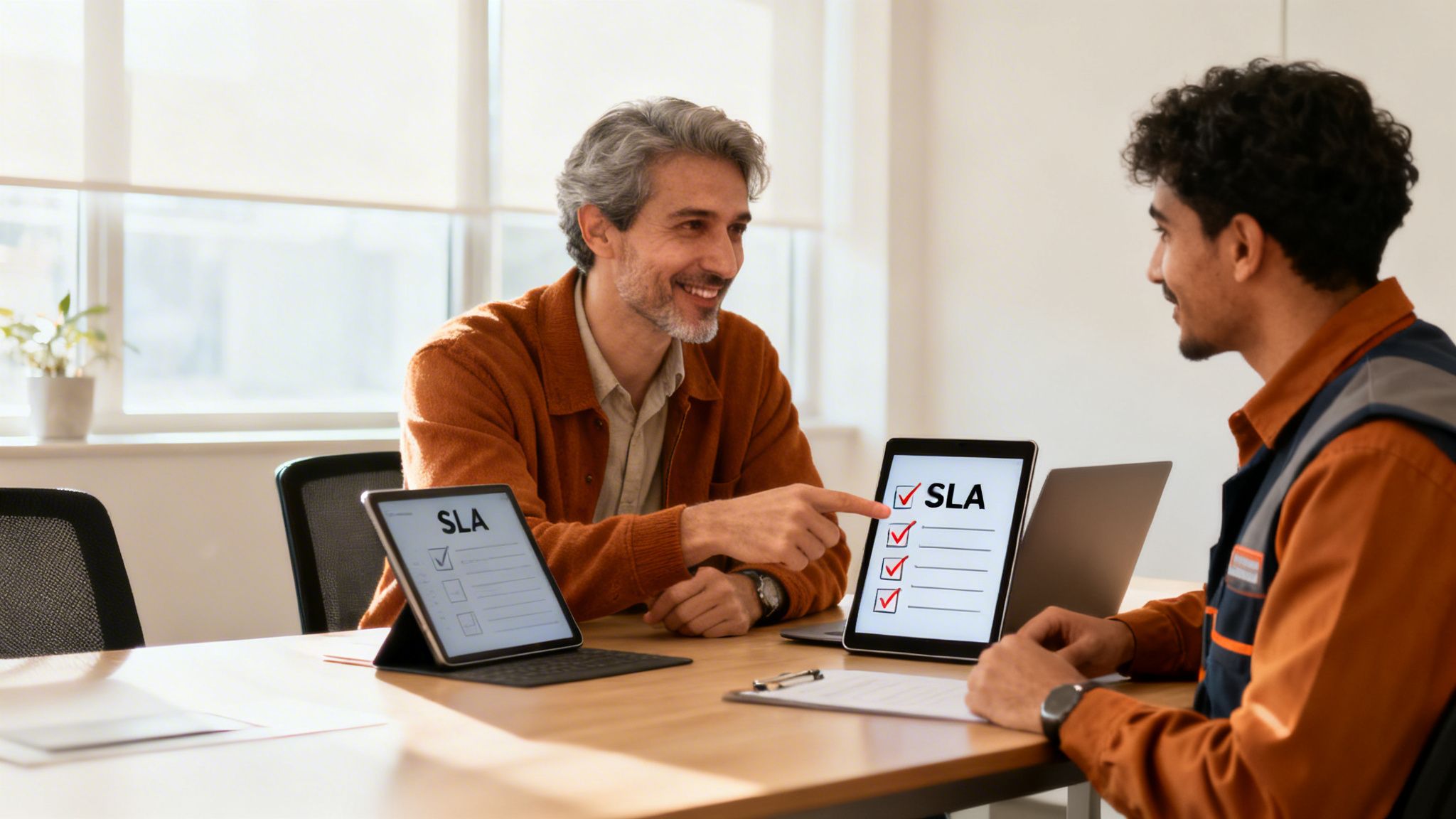 Two smiling men in an office discussing a Service Level Agreement (SLA) checklist on tablets.
