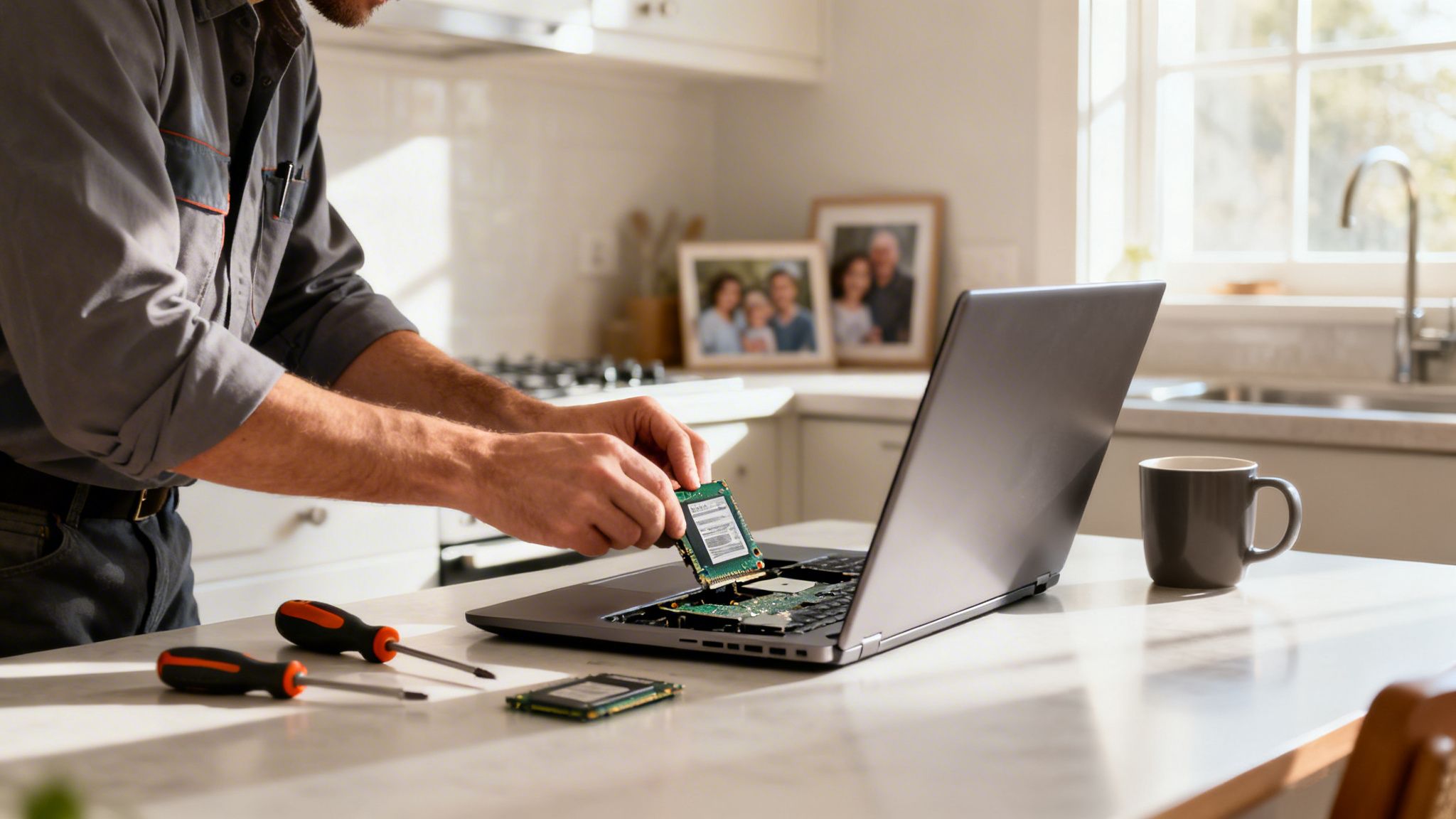 A technician upgrading a laptop by installing a RAM module on a table in a bright kitchen.