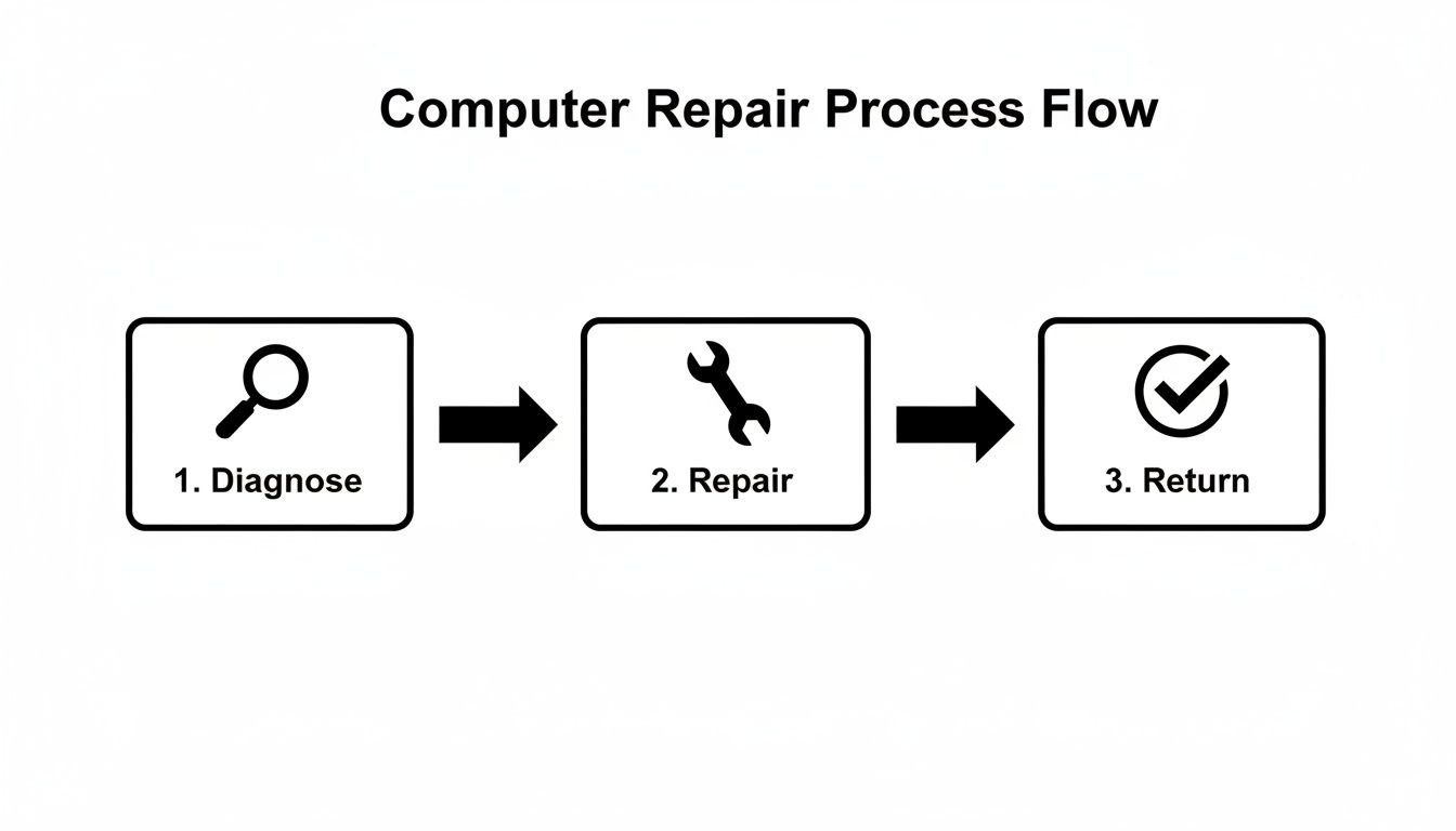 A three-step computer repair process flow: diagnose, repair, and return to customer.