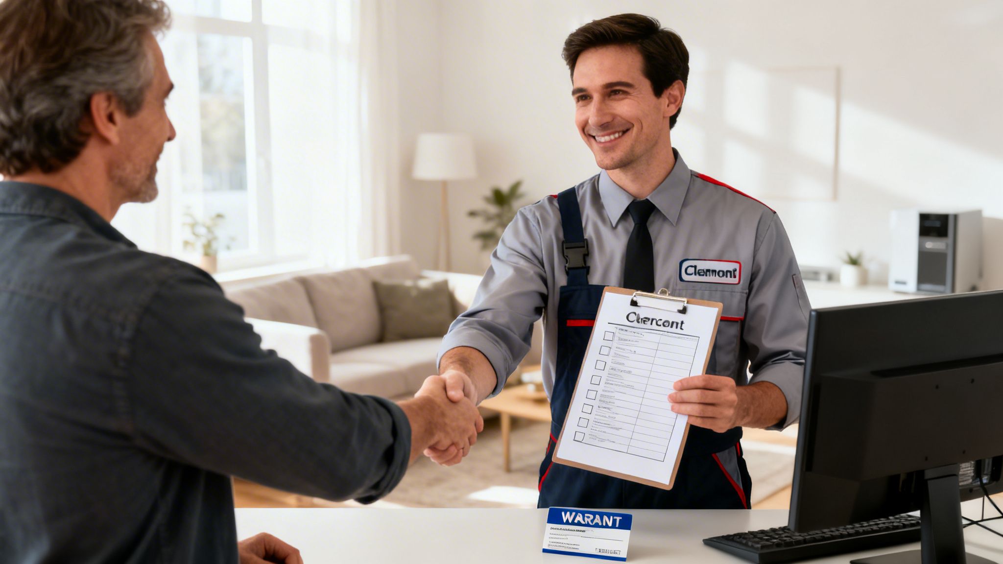 A smiling Clermont service technician shakes hands with a customer, holding a clipboard with a checklist.