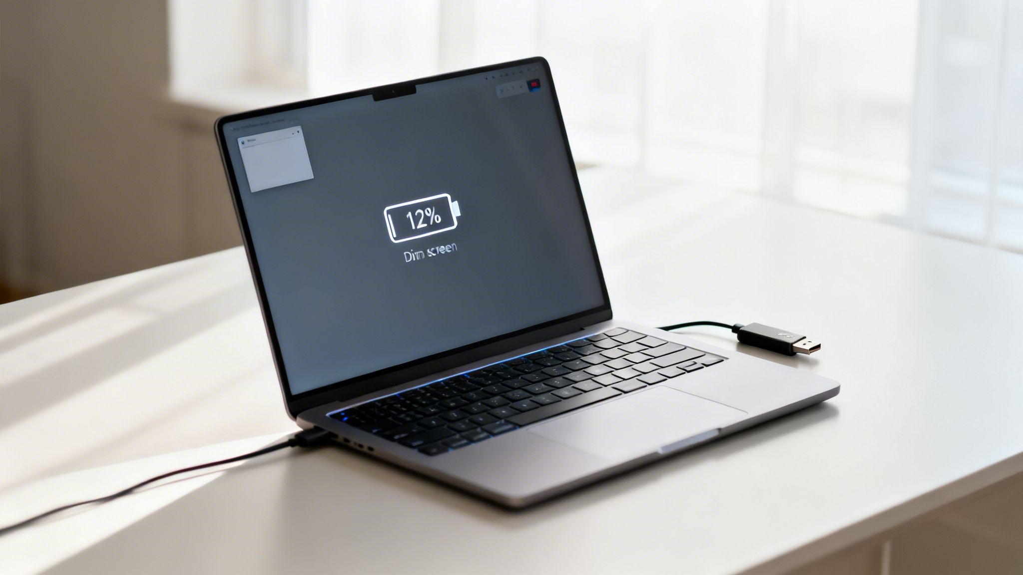 A modern laptop displaying a 12% low battery message and "Dim screen" on a white desk.