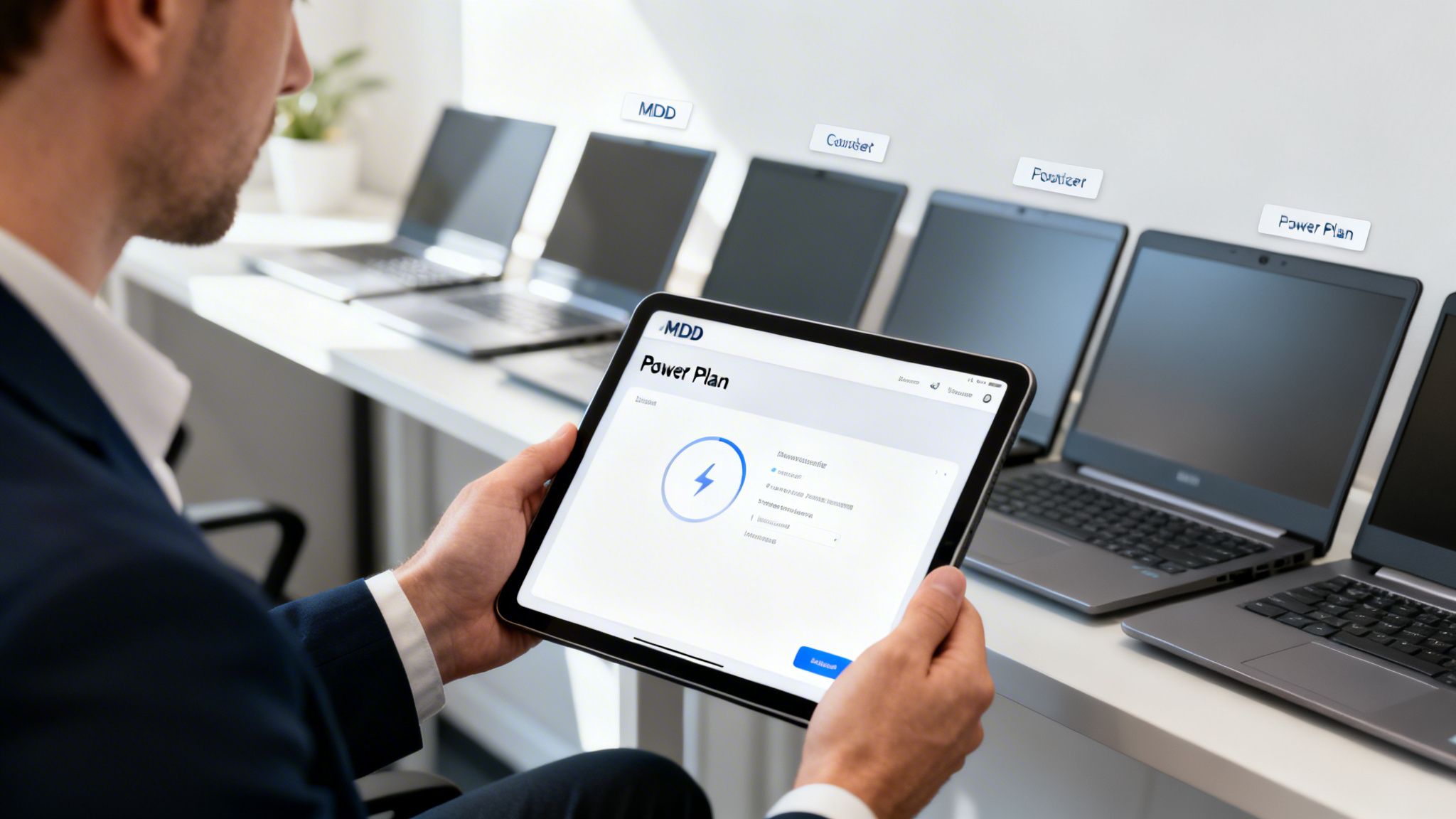 A person holds a tablet displaying a 'Power Plan' app, surrounded by multiple laptops.