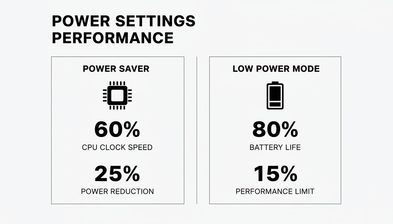 Power settings performance infographic displaying CPU clock speed, power reduction, battery life, and performance limits.