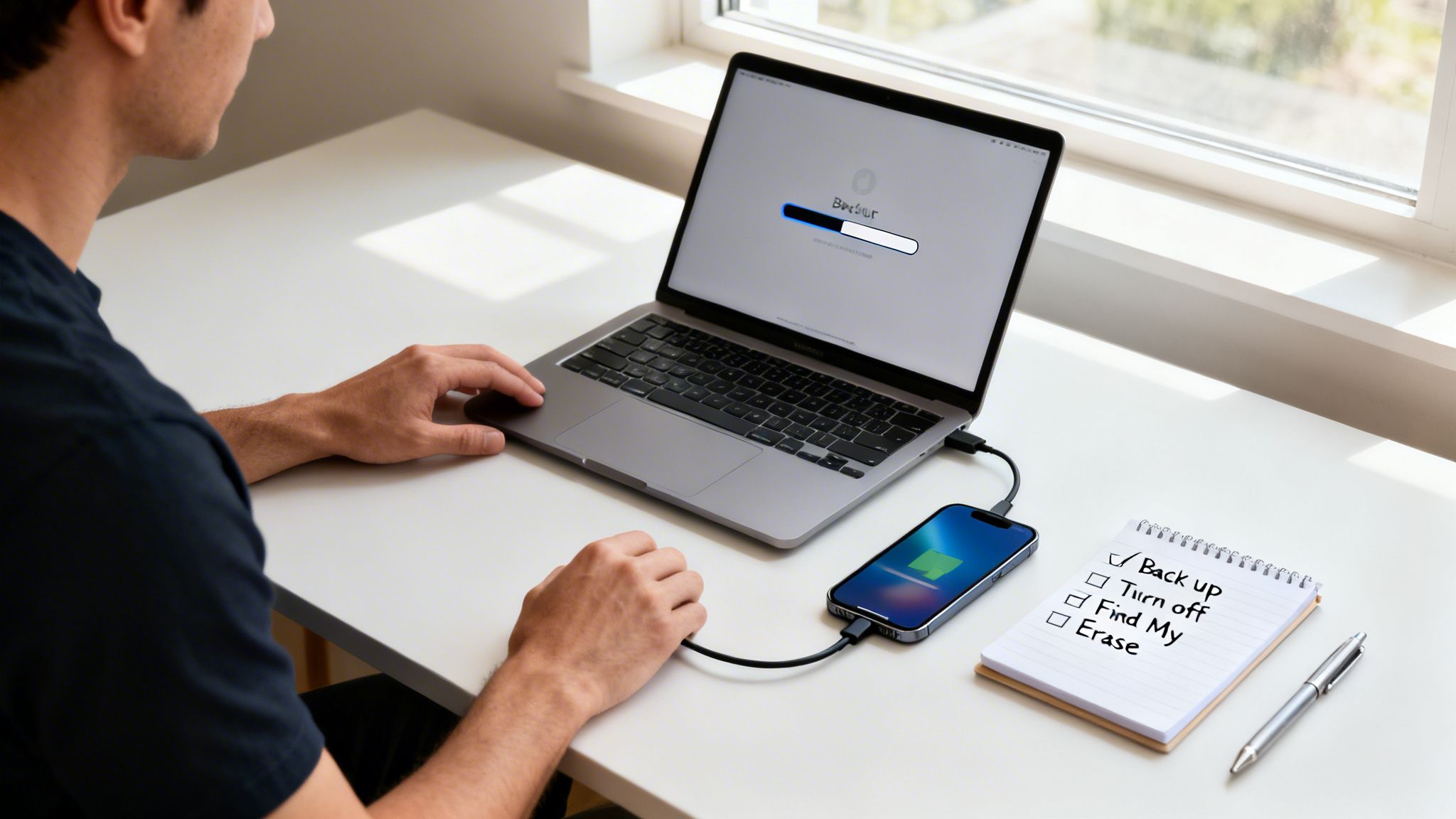 A person backs up their iPhone to a MacBook, with a checklist for phone repair nearby.