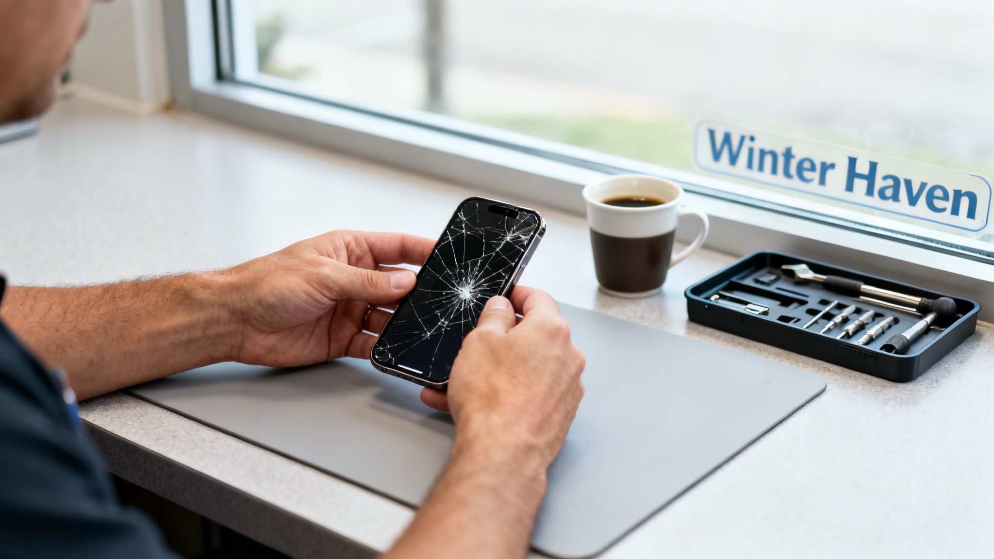 A technician holds a black iPhone with a shattered screen, next to repair tools.
