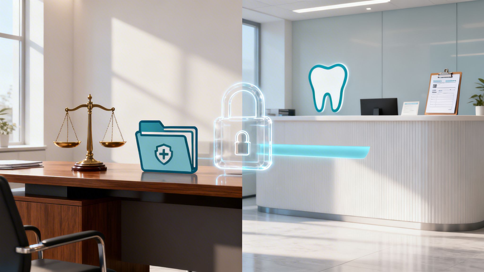 A glowing padlock symbolizes data security connecting a lawyer's office and a dental clinic.