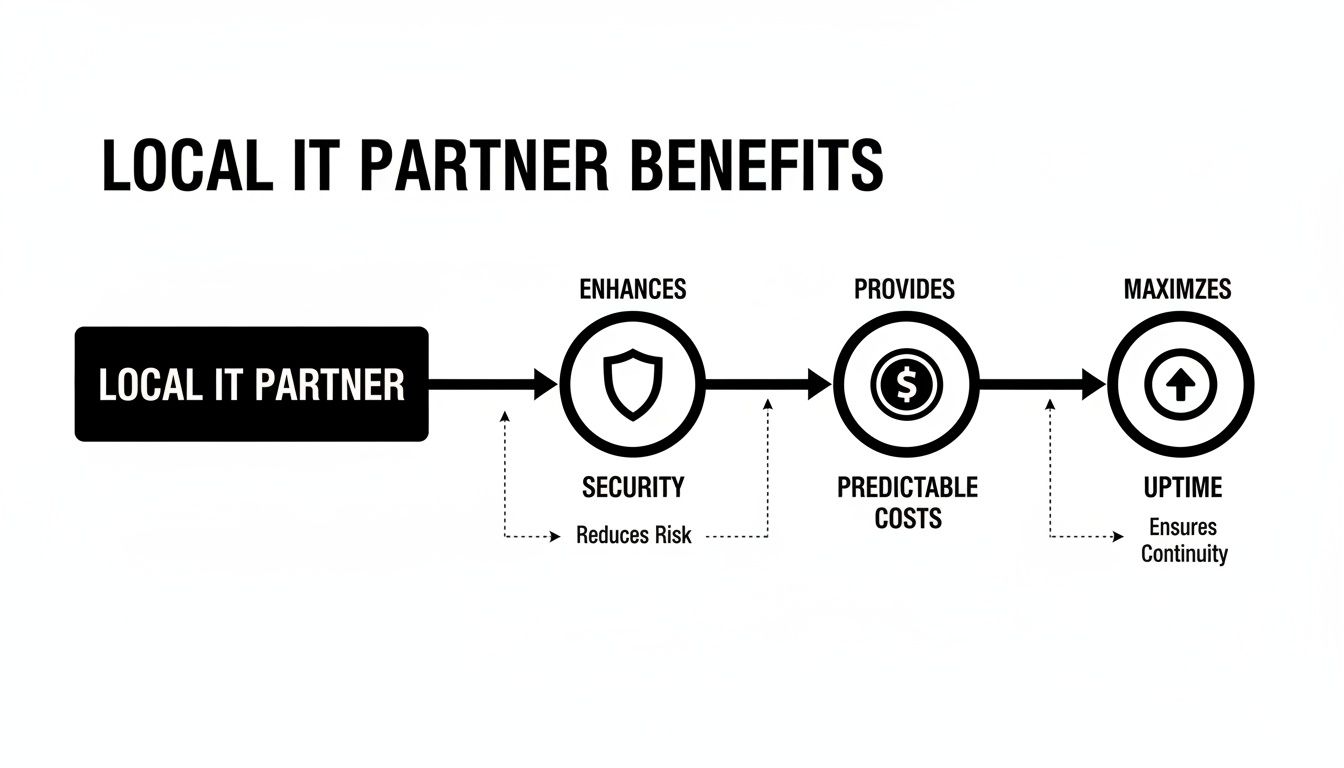 Flowchart illustrating the benefits of a local IT partner: enhanced security, predictable costs, and maximized uptime.