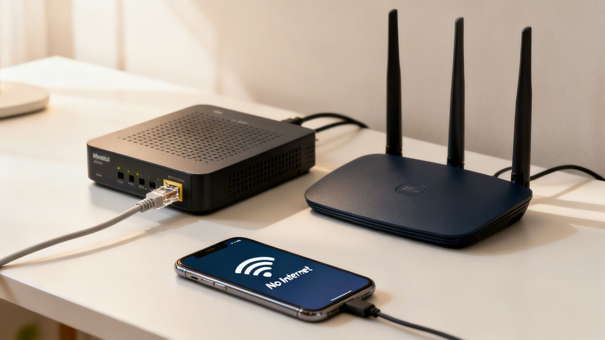 A smartphone displaying 'No Internet' next to a modem and a Wi-Fi router on a white desk.