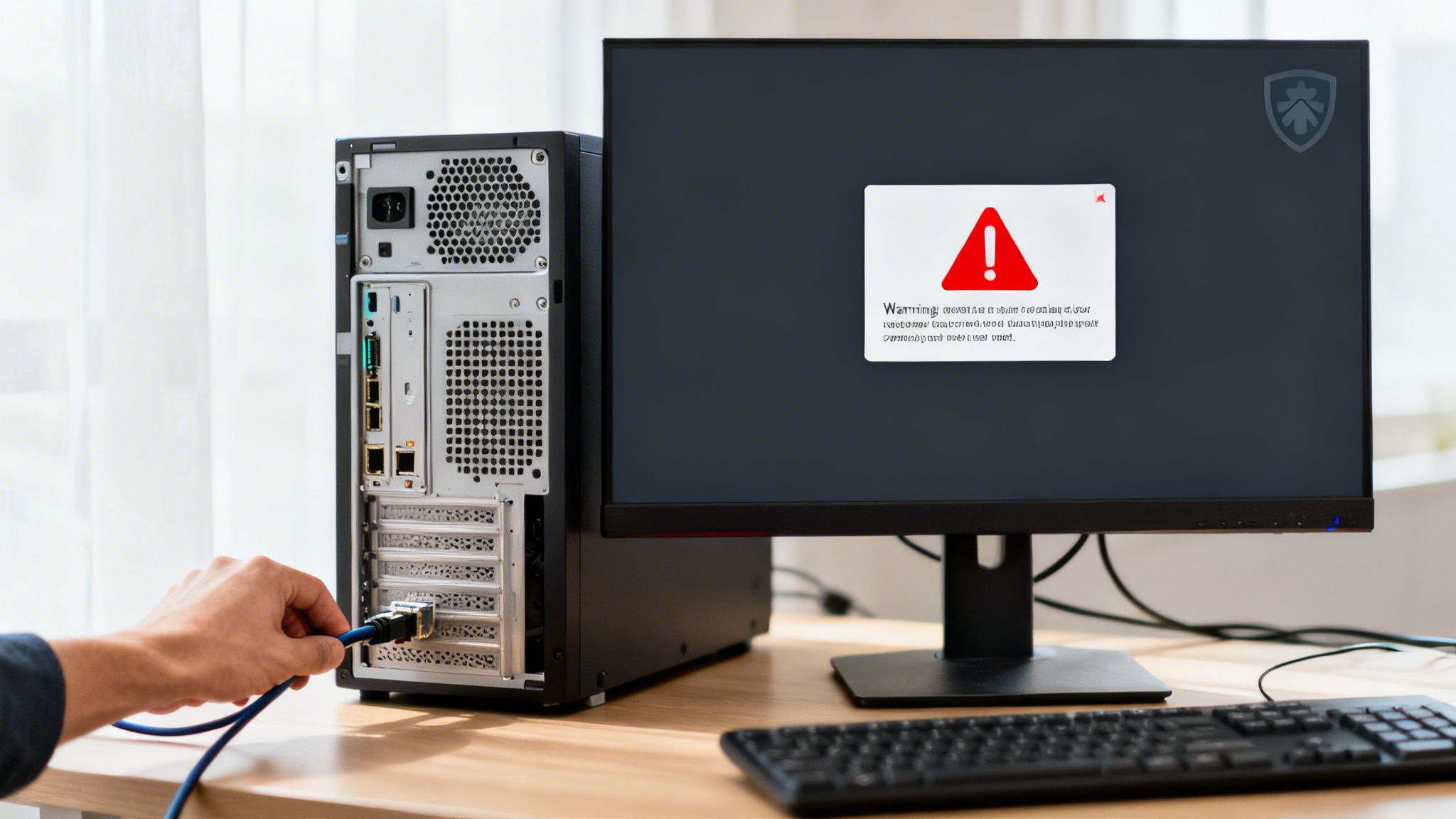 A person is plugging a blue cable into the back of a desktop PC while a monitor displays a warning message.