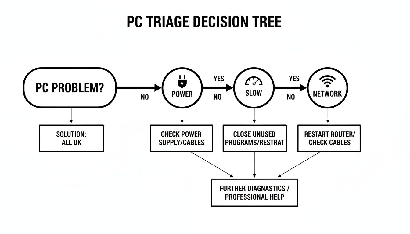 A PC Triage Decision Tree flowchart guiding users through power, slow, and network troubleshooting steps.