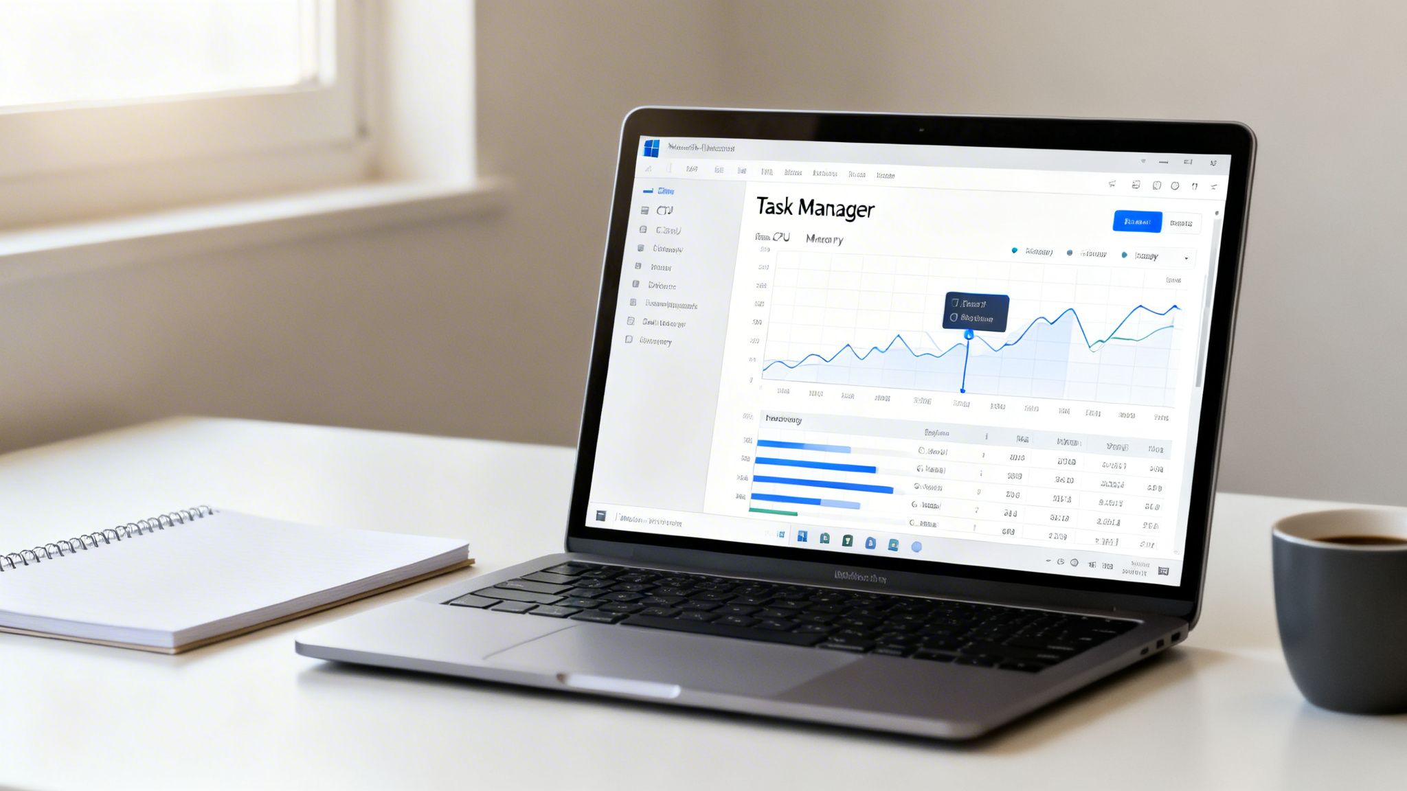 Laptop displaying Task Manager with performance graphs, an open notebook, and a coffee cup on a desk.