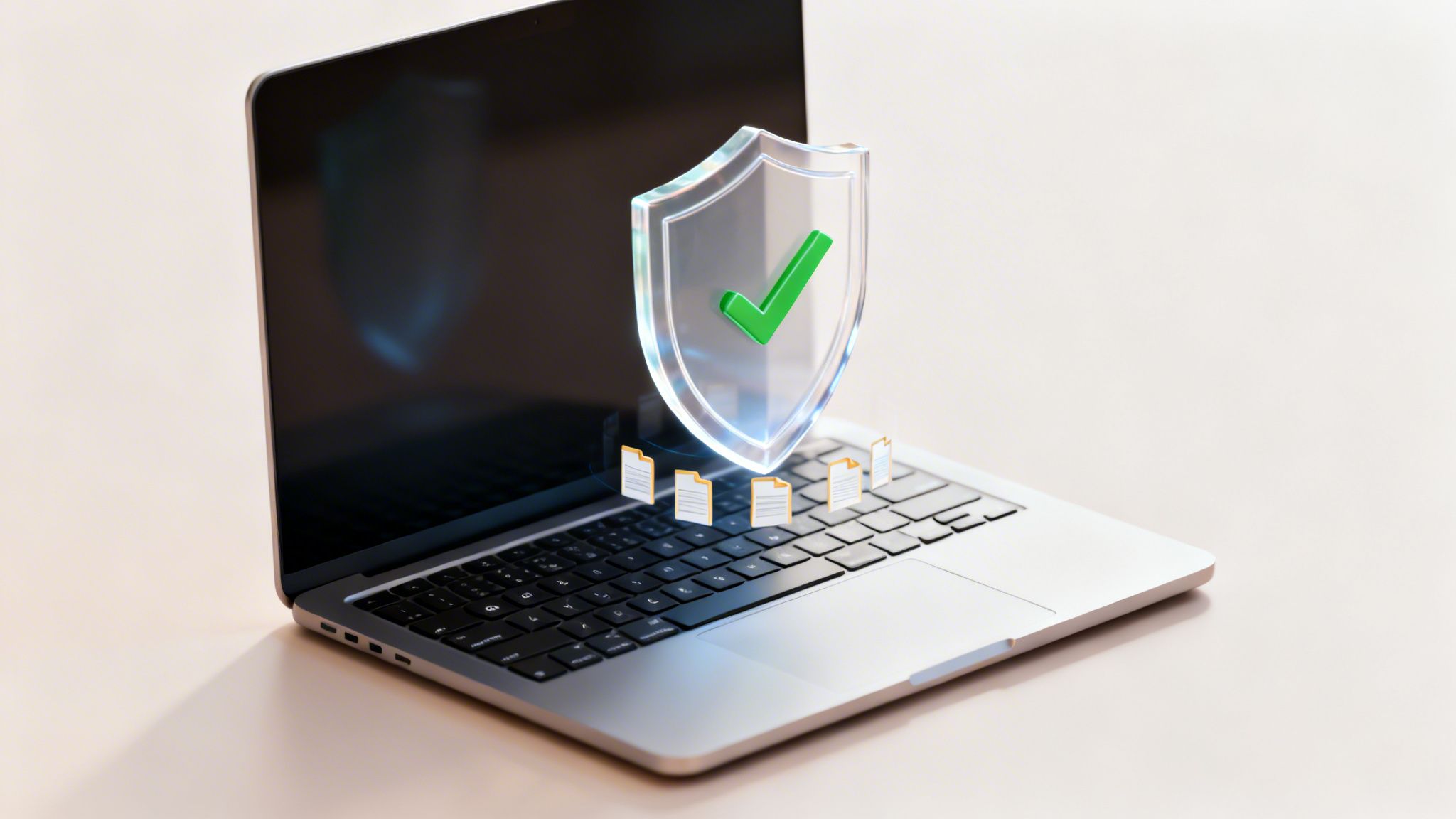 A holographic shield with a green checkmark hovers over a laptop keyboard, representing secure files.