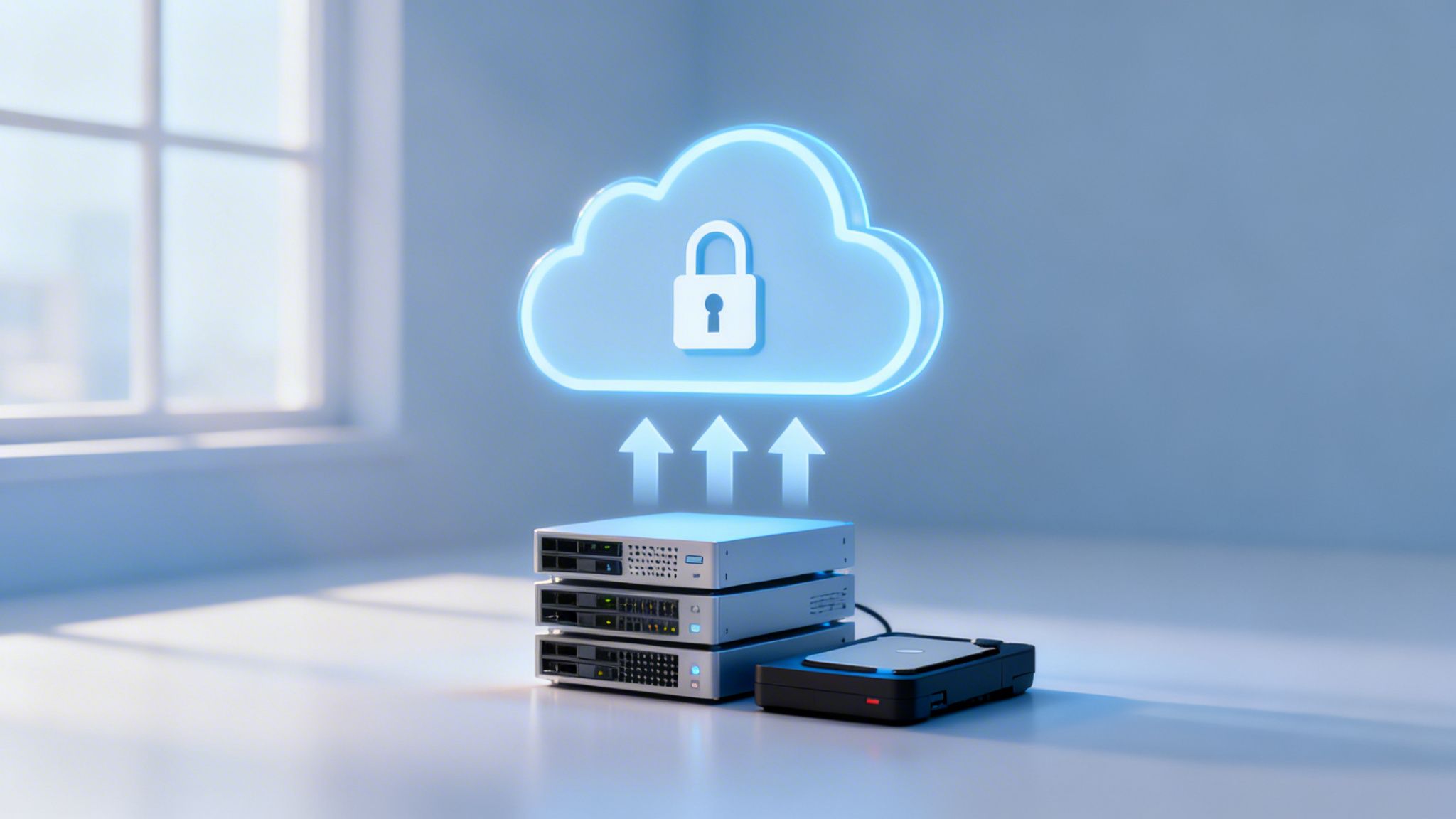 Servers uploading data to a secure, glowing blue cloud with a padlock icon, symbolizing secure cloud storage.