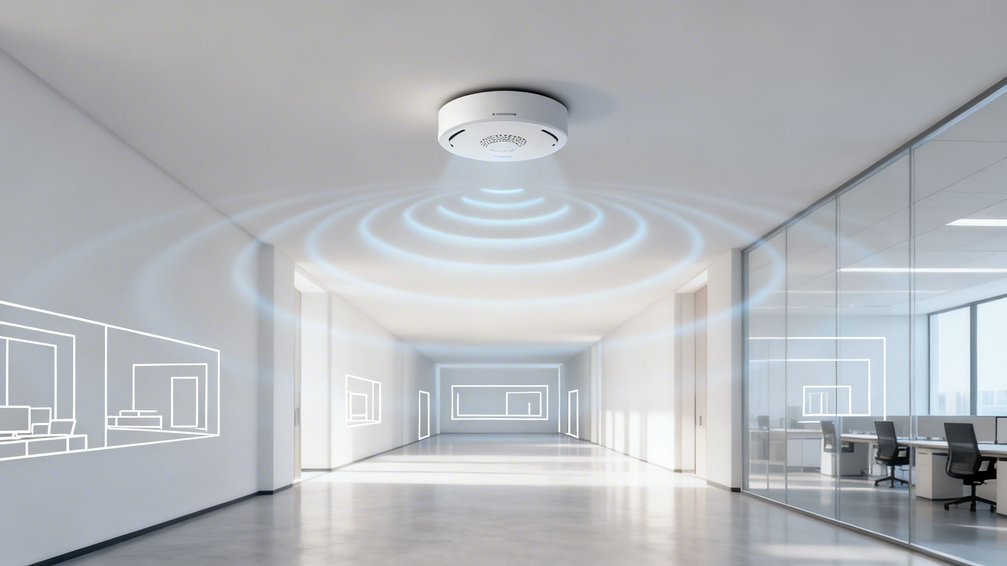 Ceiling-mounted smart device emitting blue signals in a modern office hallway with outlined rooms.