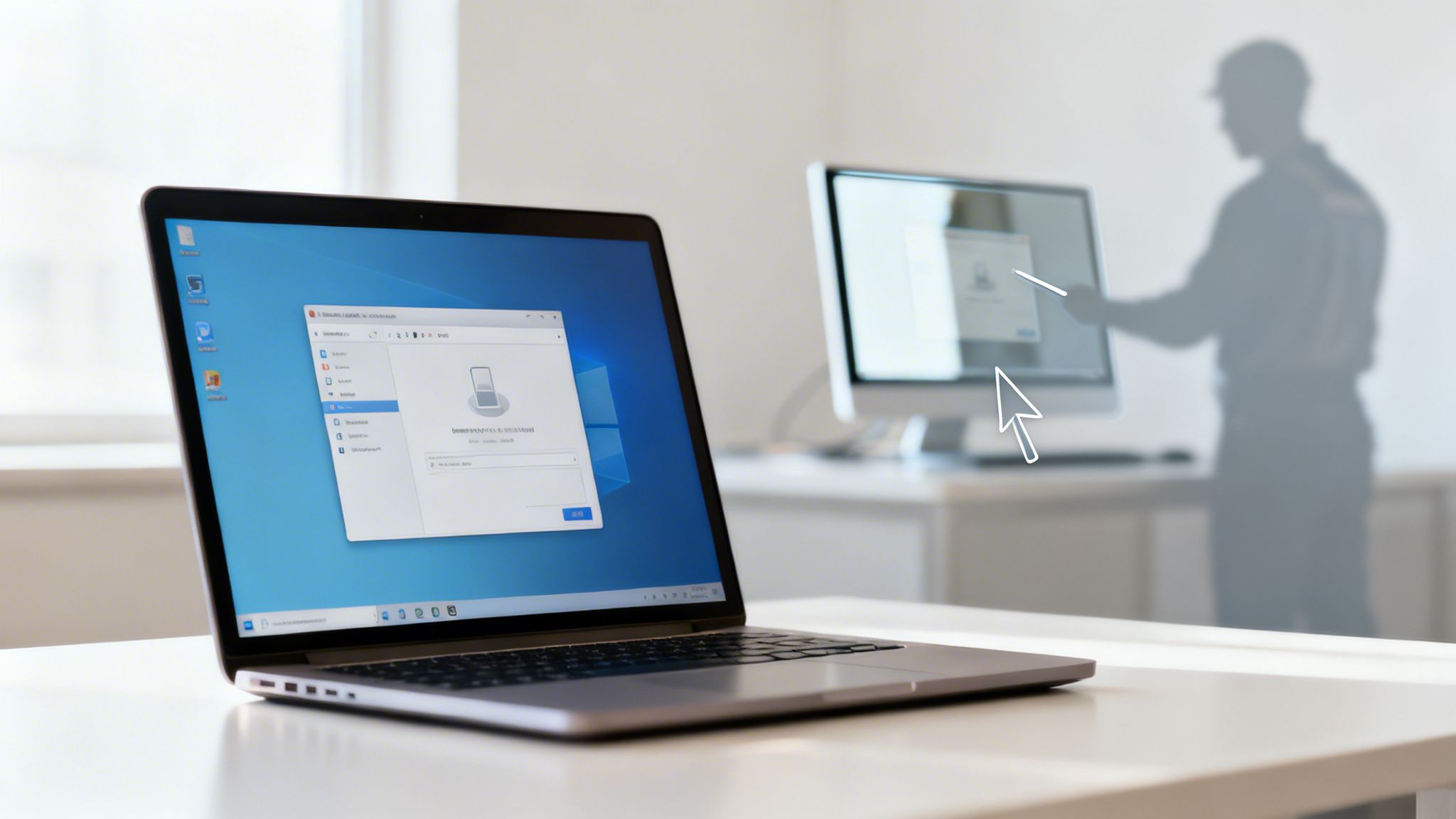 A silver laptop on a white desk displays a software application. In the background, a person interacts with a desktop monitor.