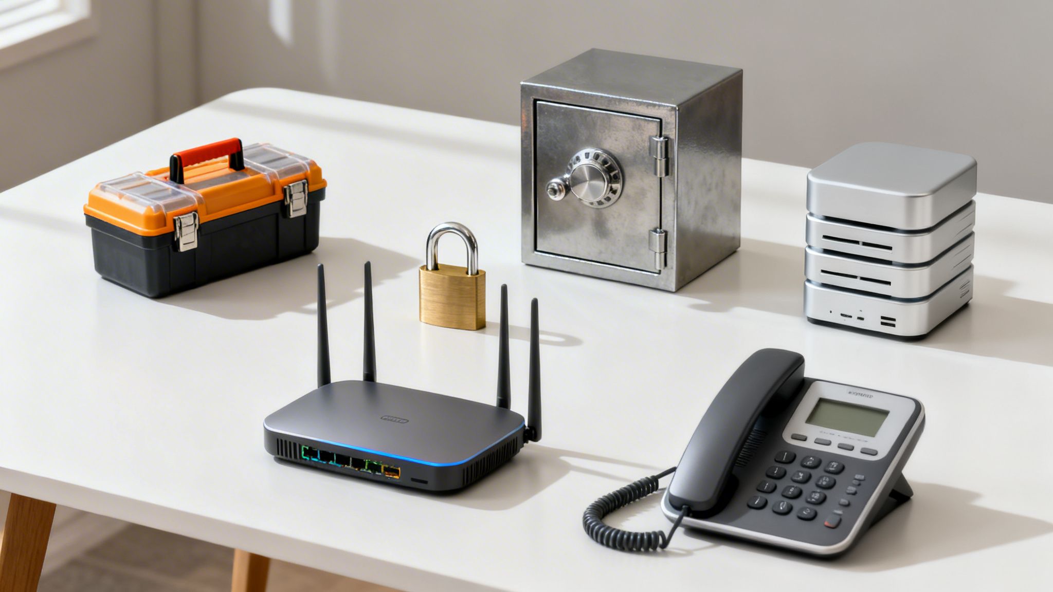 A router, safe, padlock, toolbox, and phone on a desk, representing a small office setup.