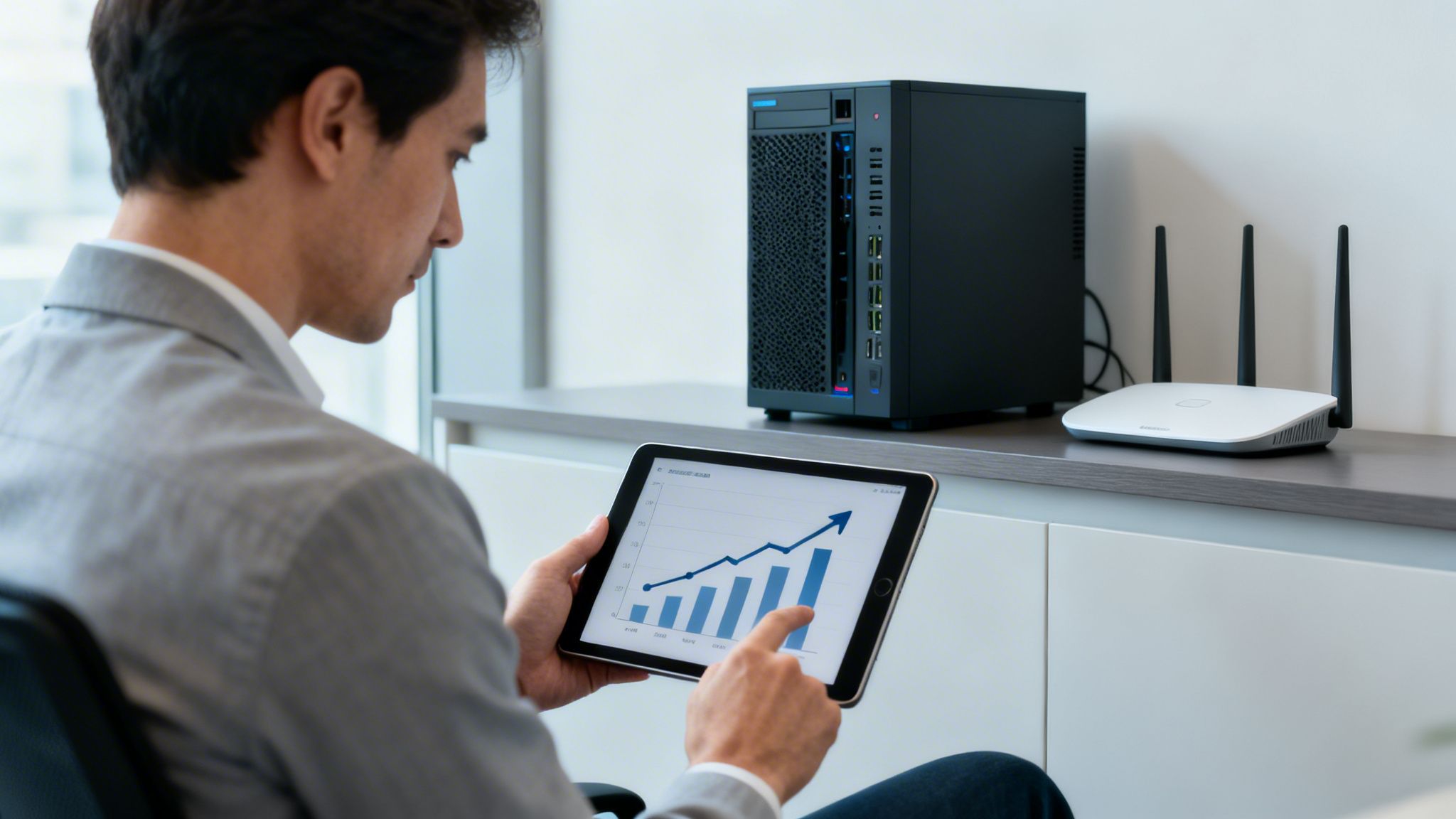 A man reviews business growth on a tablet next to a server and Wi-Fi router.