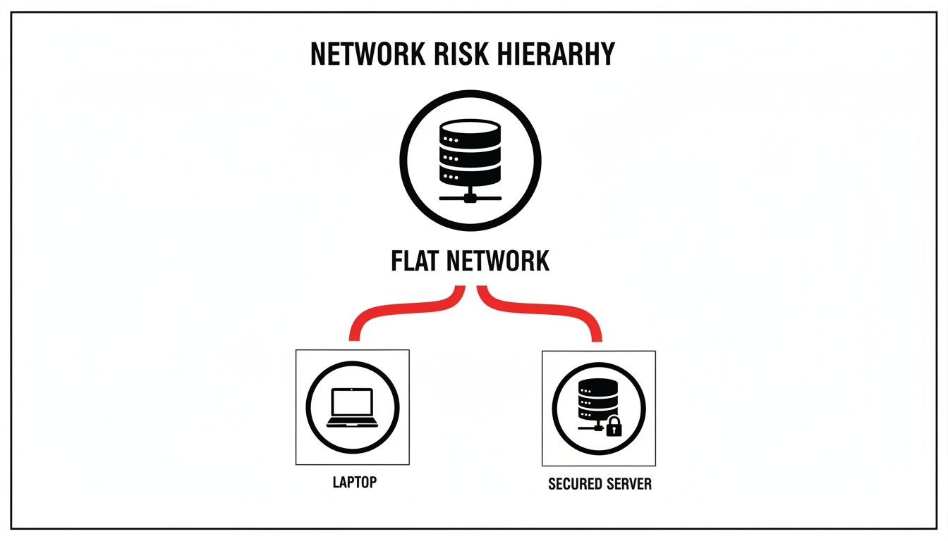 A diagram illustrating a flat network connecting a laptop to a secured server, within a risk hierarchy.