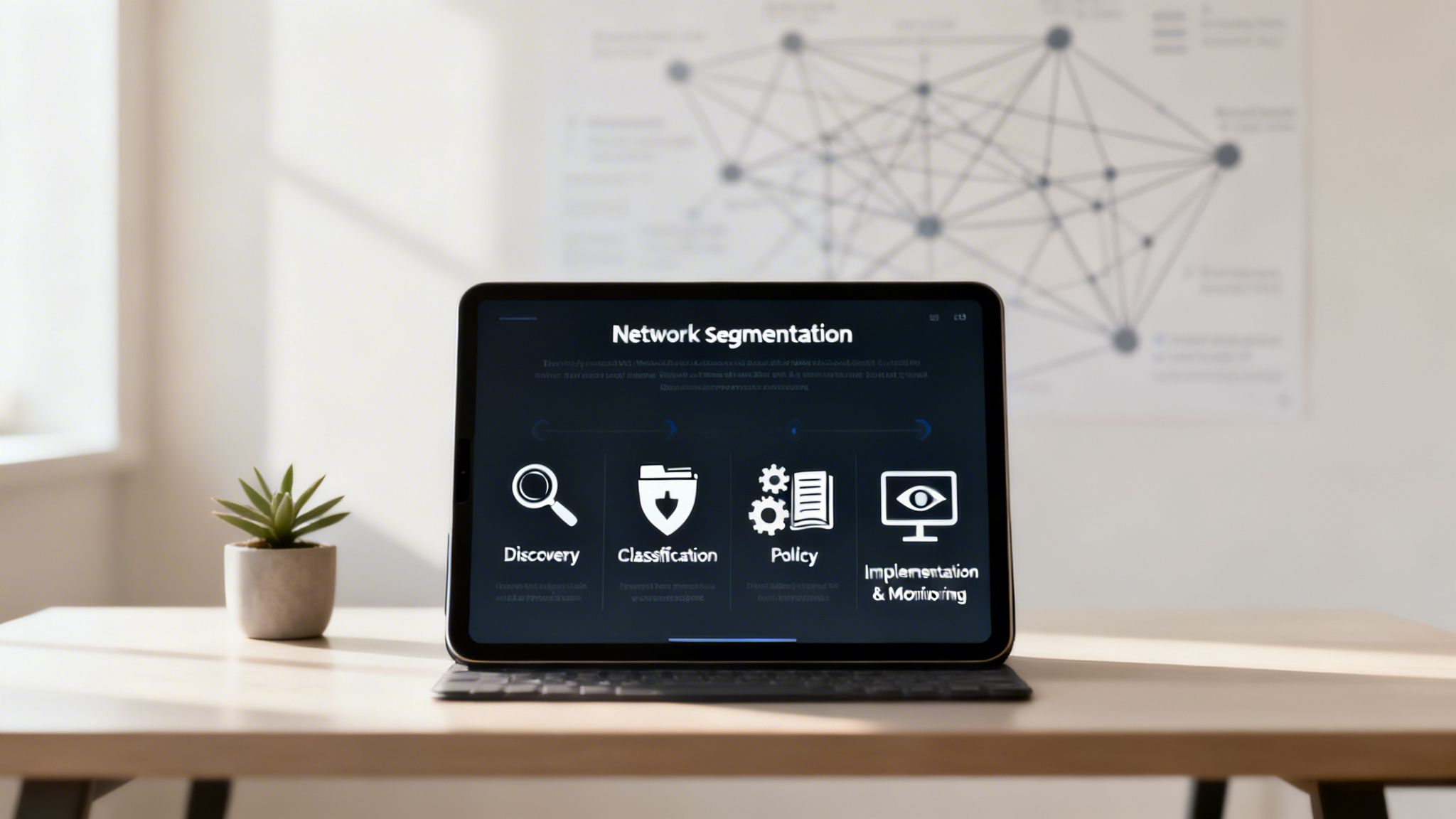 Tablet on a desk displaying network segmentation steps with icons and text.