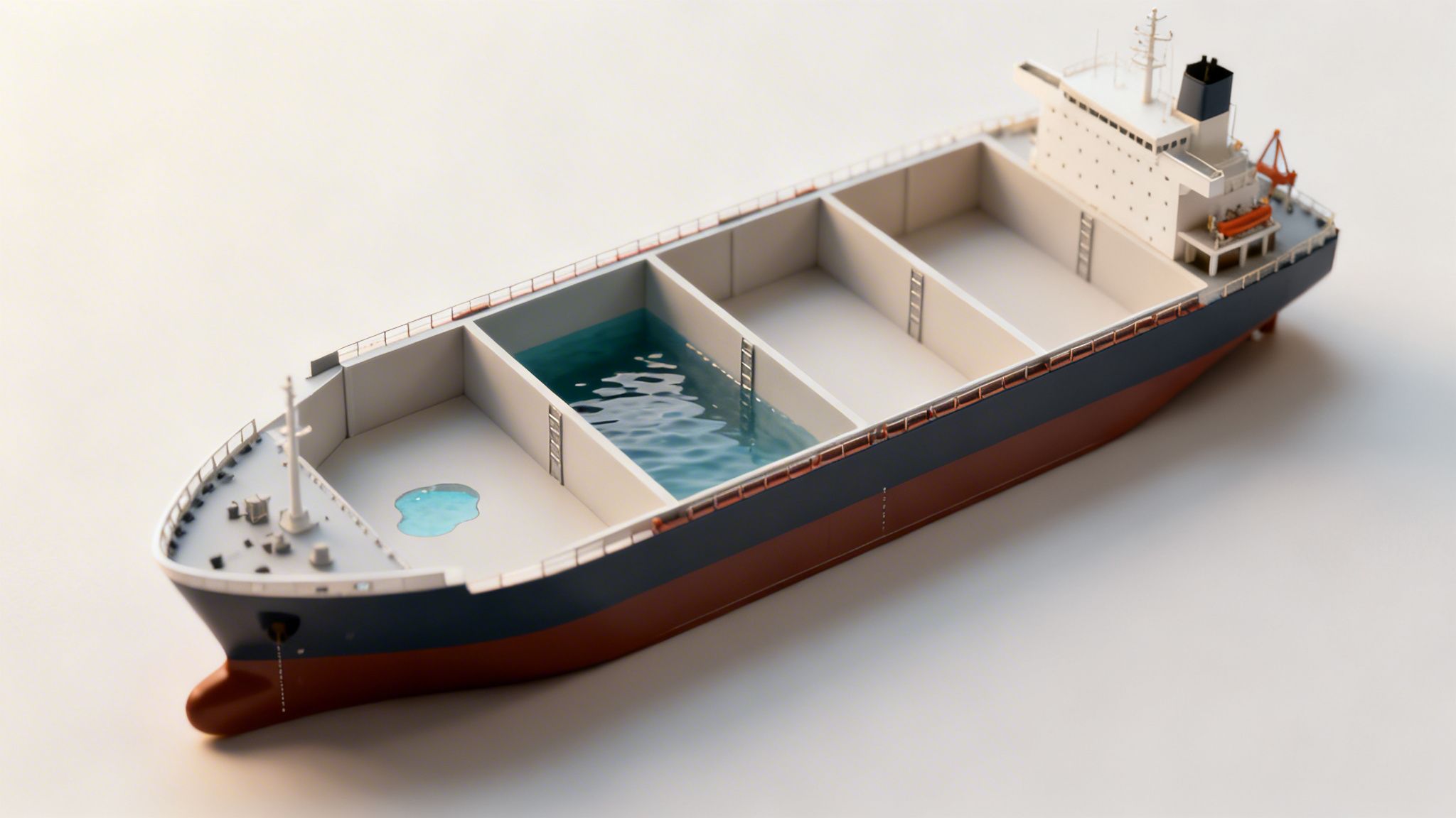 Detailed model of a bulk carrier ship showing compartmentalized cargo holds, one filled with water.