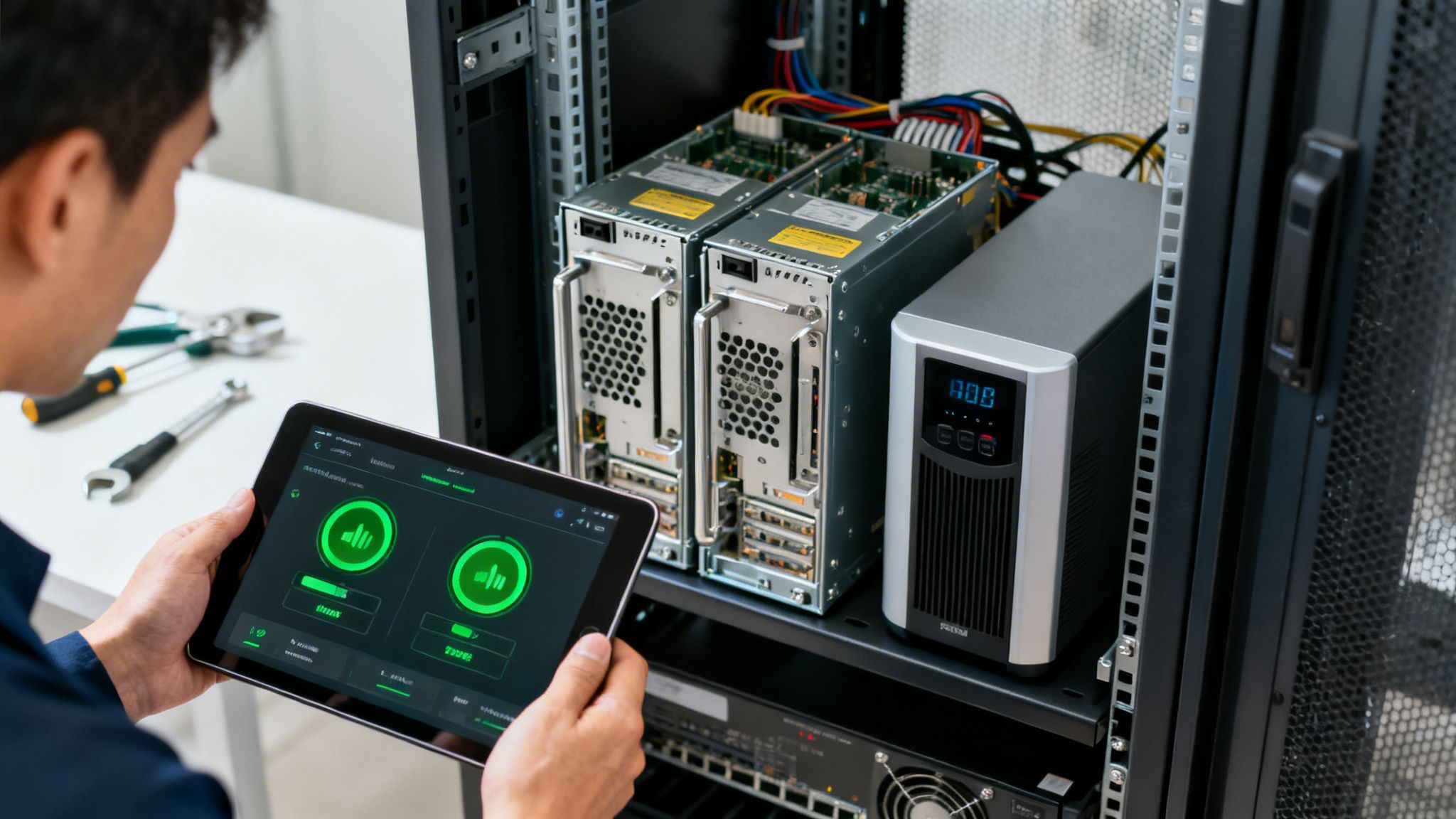 A technician monitors server performance on a tablet while working on a data center rack with hardware.