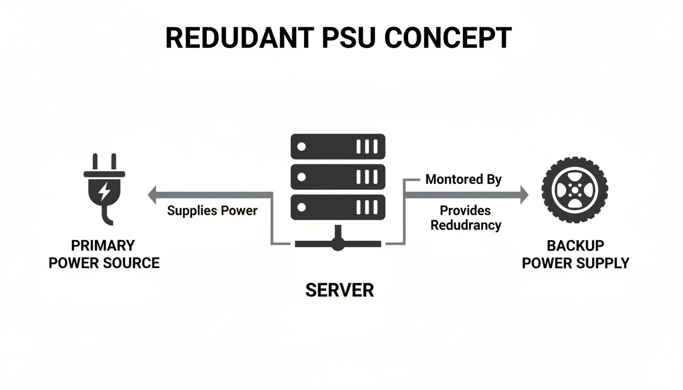 Diagram illustrating a redundant power supply (PSU) concept for a server, featuring primary and backup power sources.