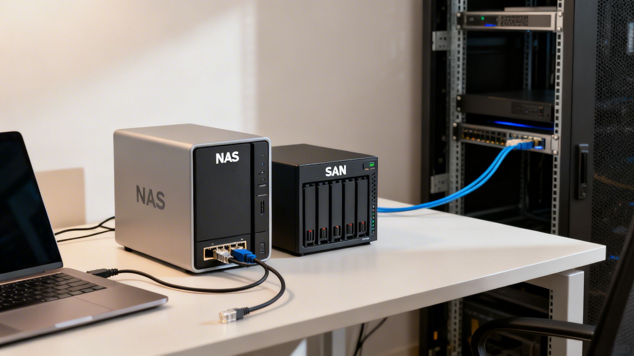 NAS and SAN network storage devices connected on a white desk with a server rack.