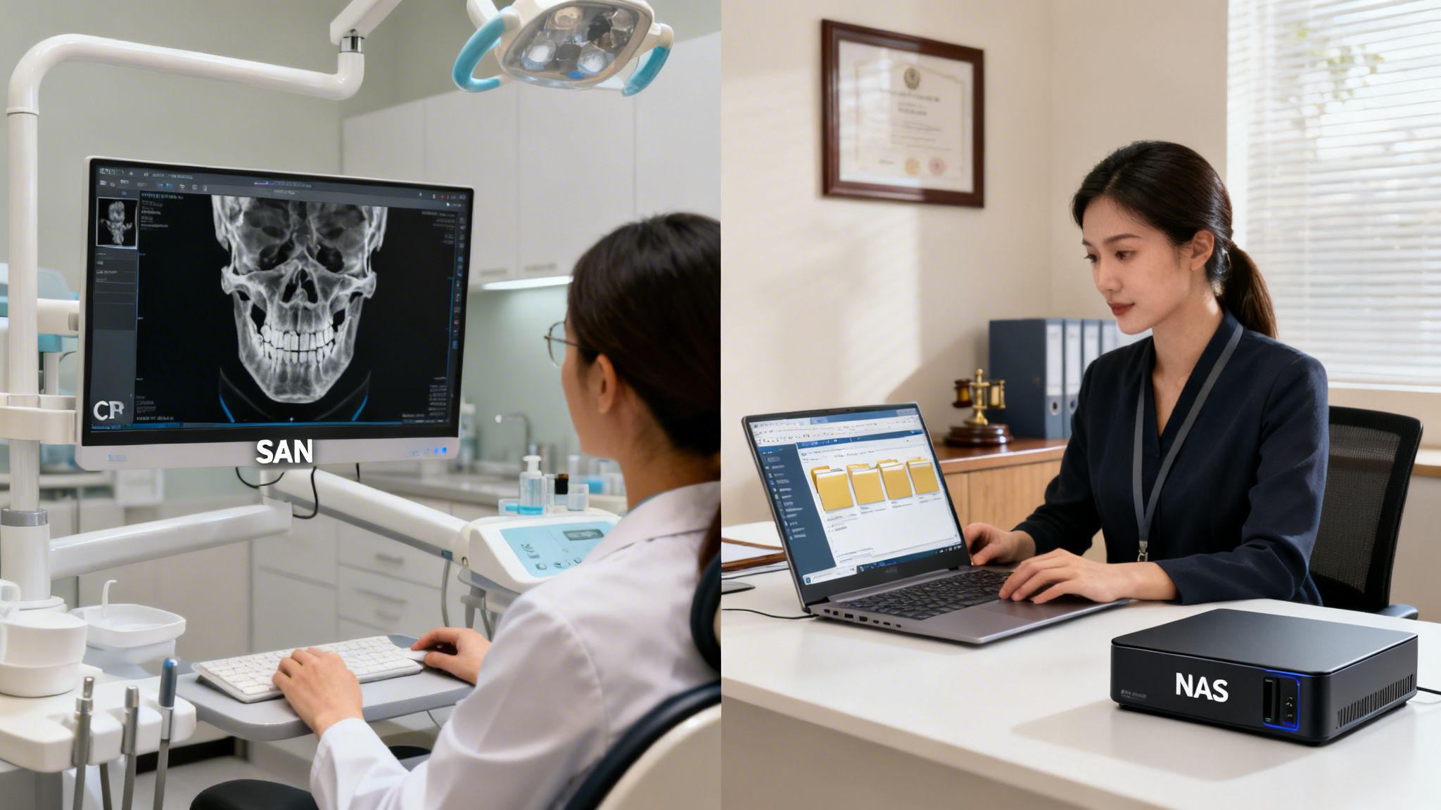 Side-by-side comparison of SAN in a dental office displaying X-rays and NAS in an office environment for file management.