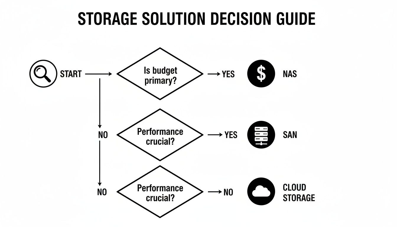 A storage solution decision guide flowchart explaining when to choose NAS, SAN, or Cloud storage based on budget and performance.