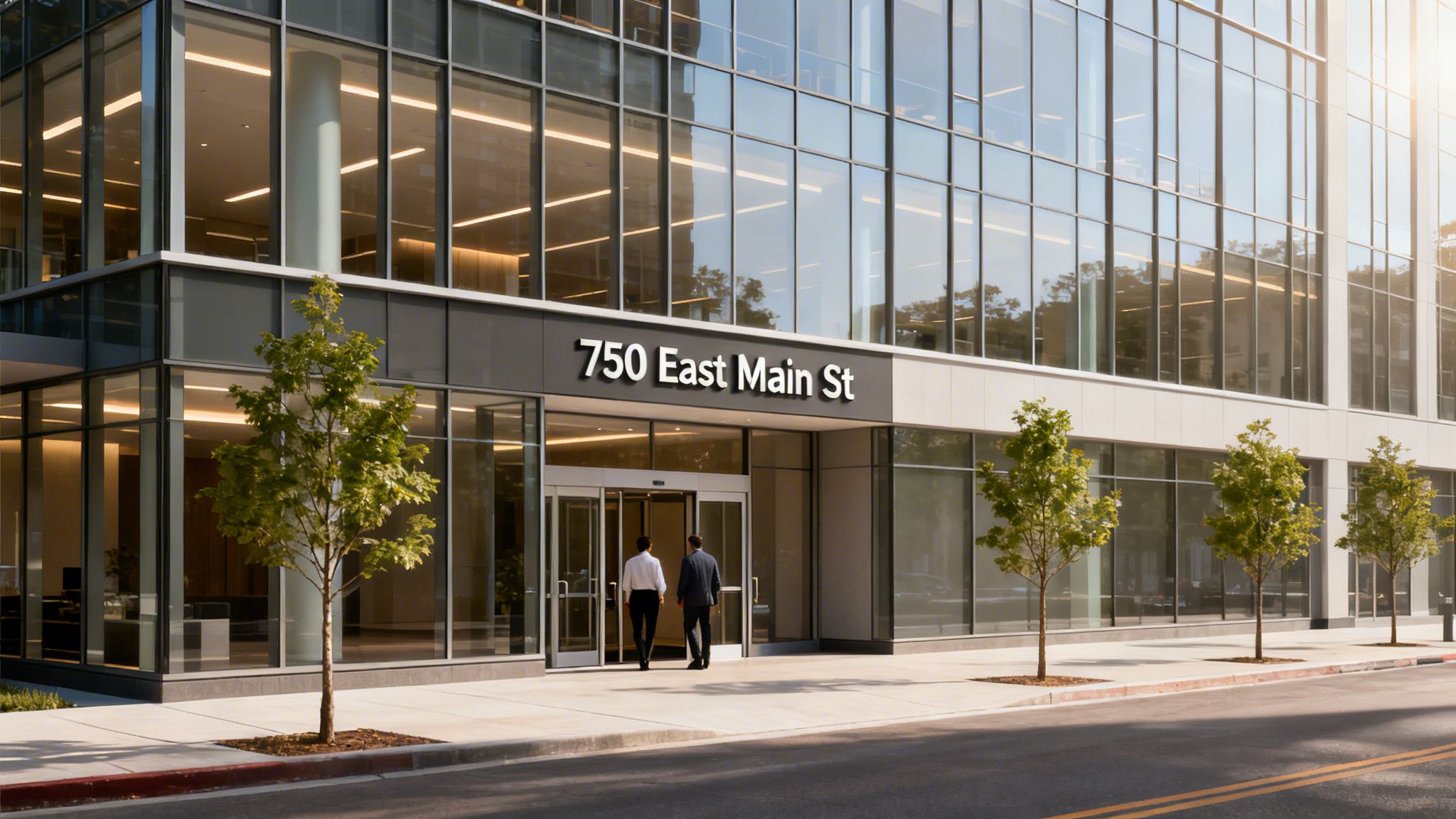Modern glass office building exterior at 750 East Main Street with two men entering.