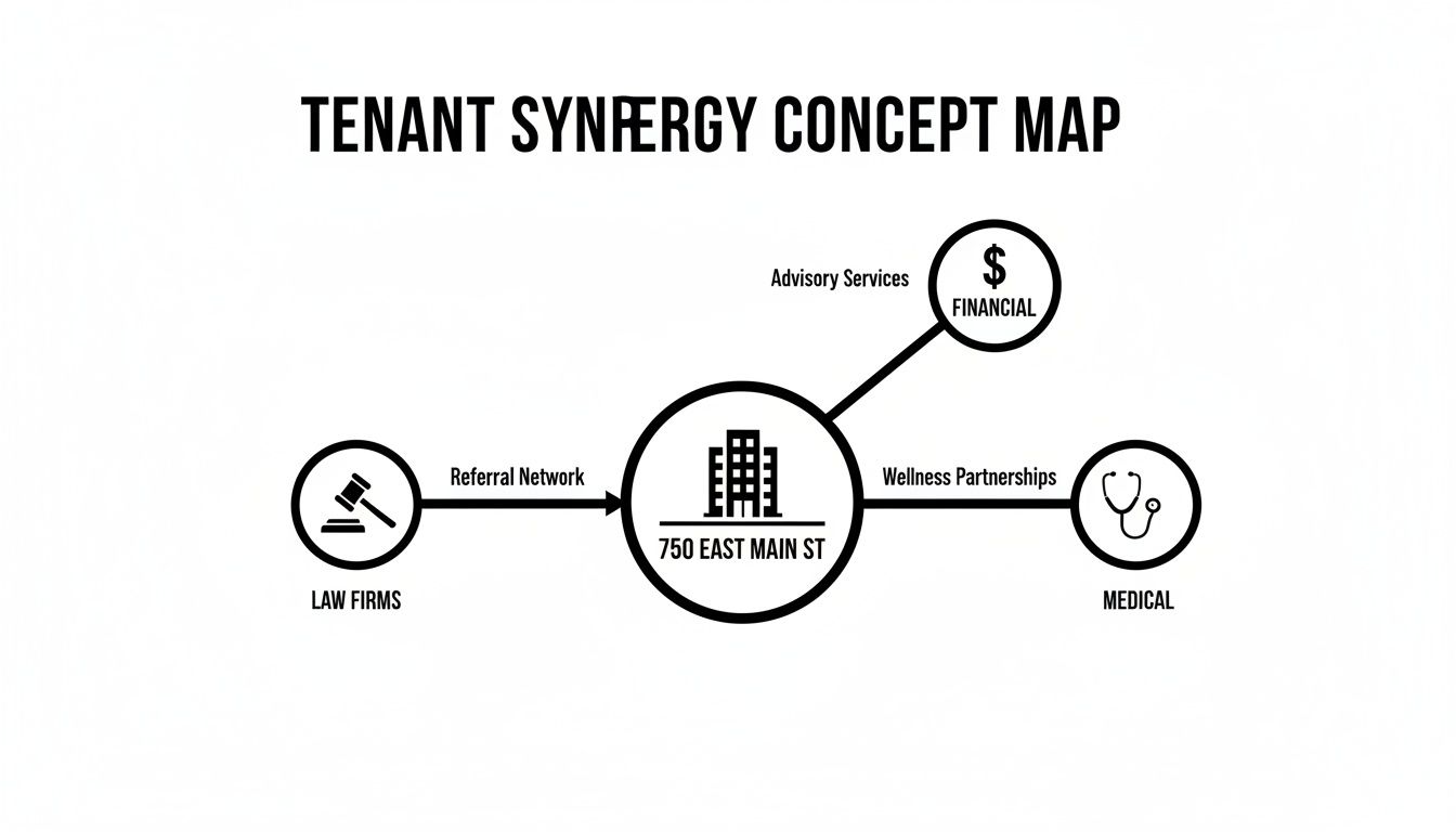 A tenant synergy concept map showing 750 East Main Street connected to law, financial, and medical firms.