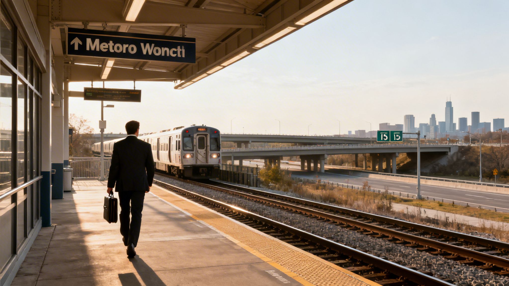 A businessman walks on a train station platform towards an approaching metro train with a city skyline in the distance.
